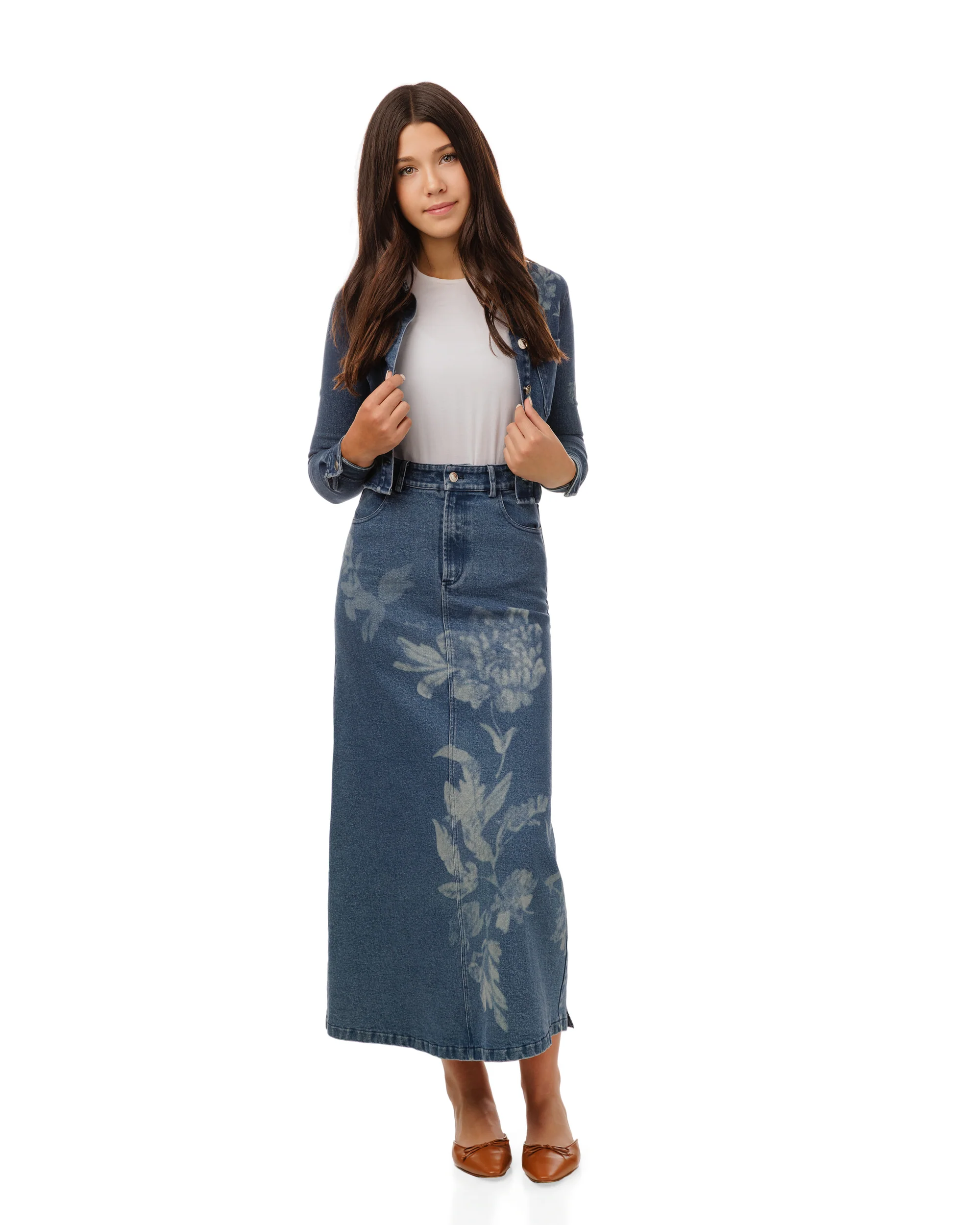 Acid Washed Flower Print Denim Skirt - Blue - Image 2
