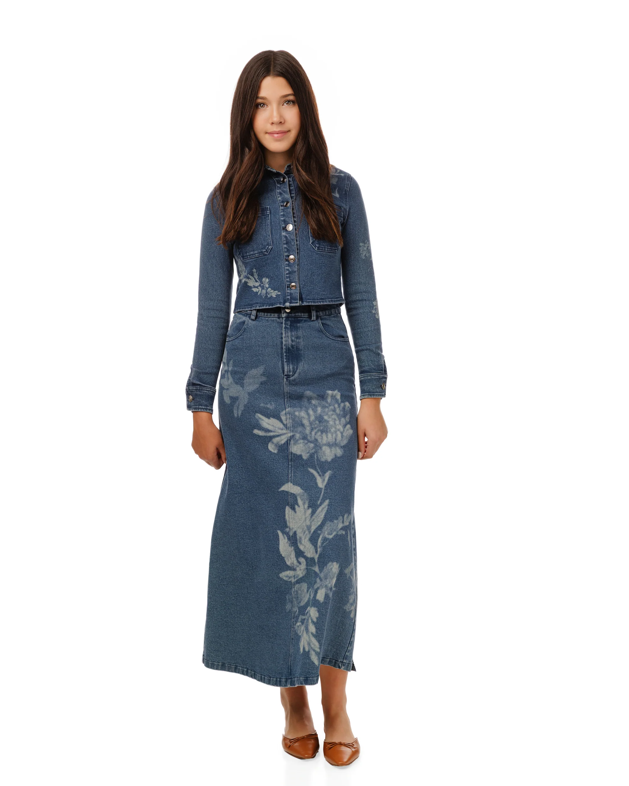 Acid Washed Flower Print Denim Top - Blue - Image 2