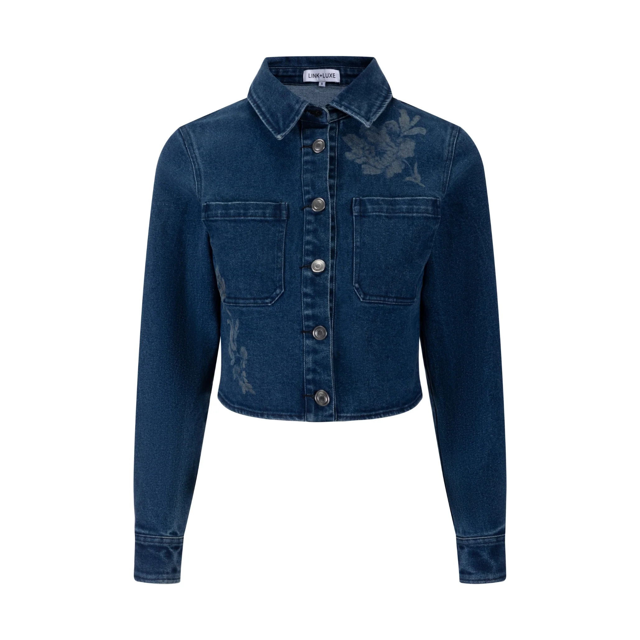 Acid Washed Flower Print Denim Top - Blue - Image 3