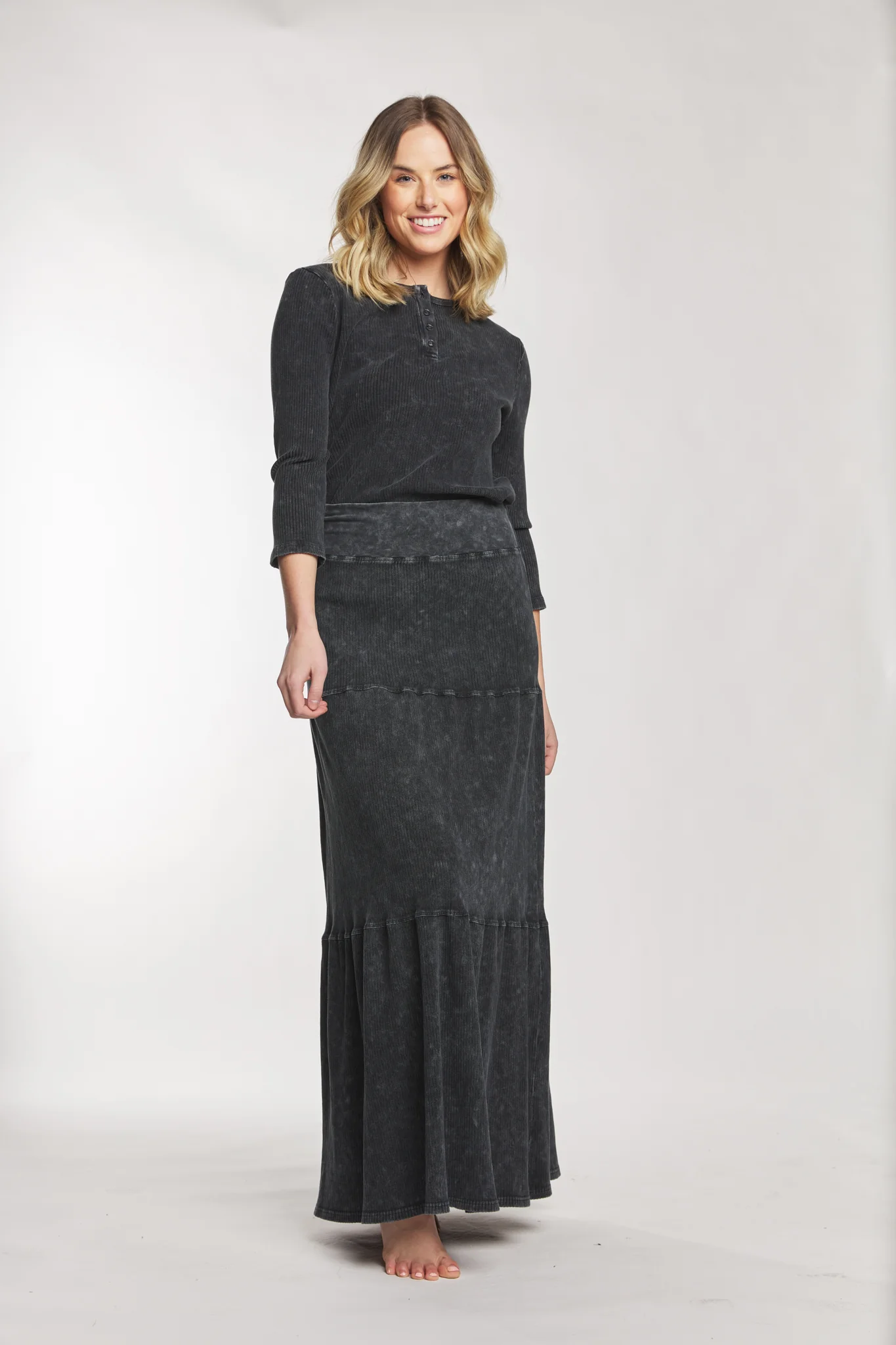 Black Washed Out Ribbed Top With Black Buttons - Image 2