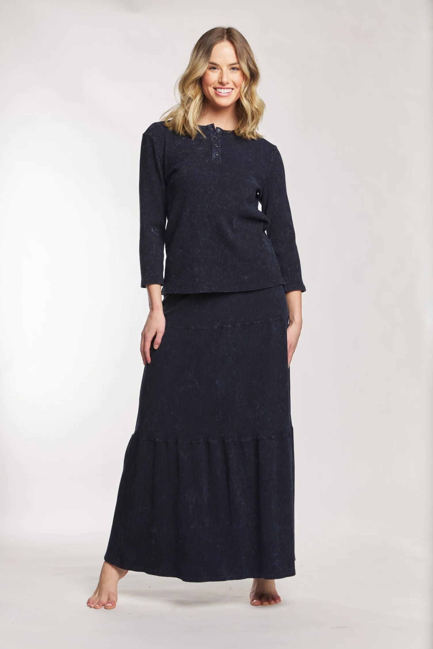 Dark Blue Washed Out Ribbed Top With Black Buttons