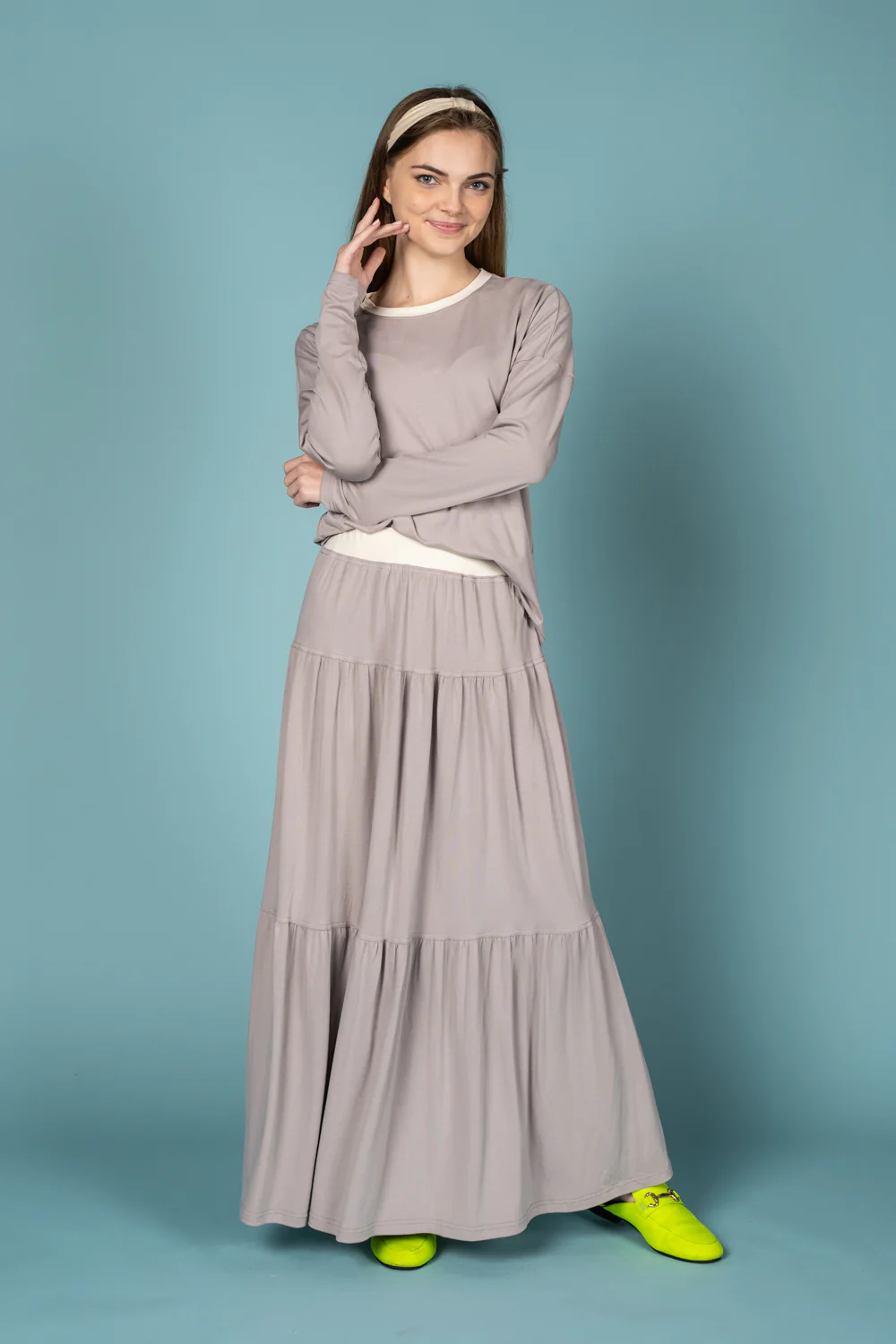 Grey Cotton Layered Skirt With White Waistband