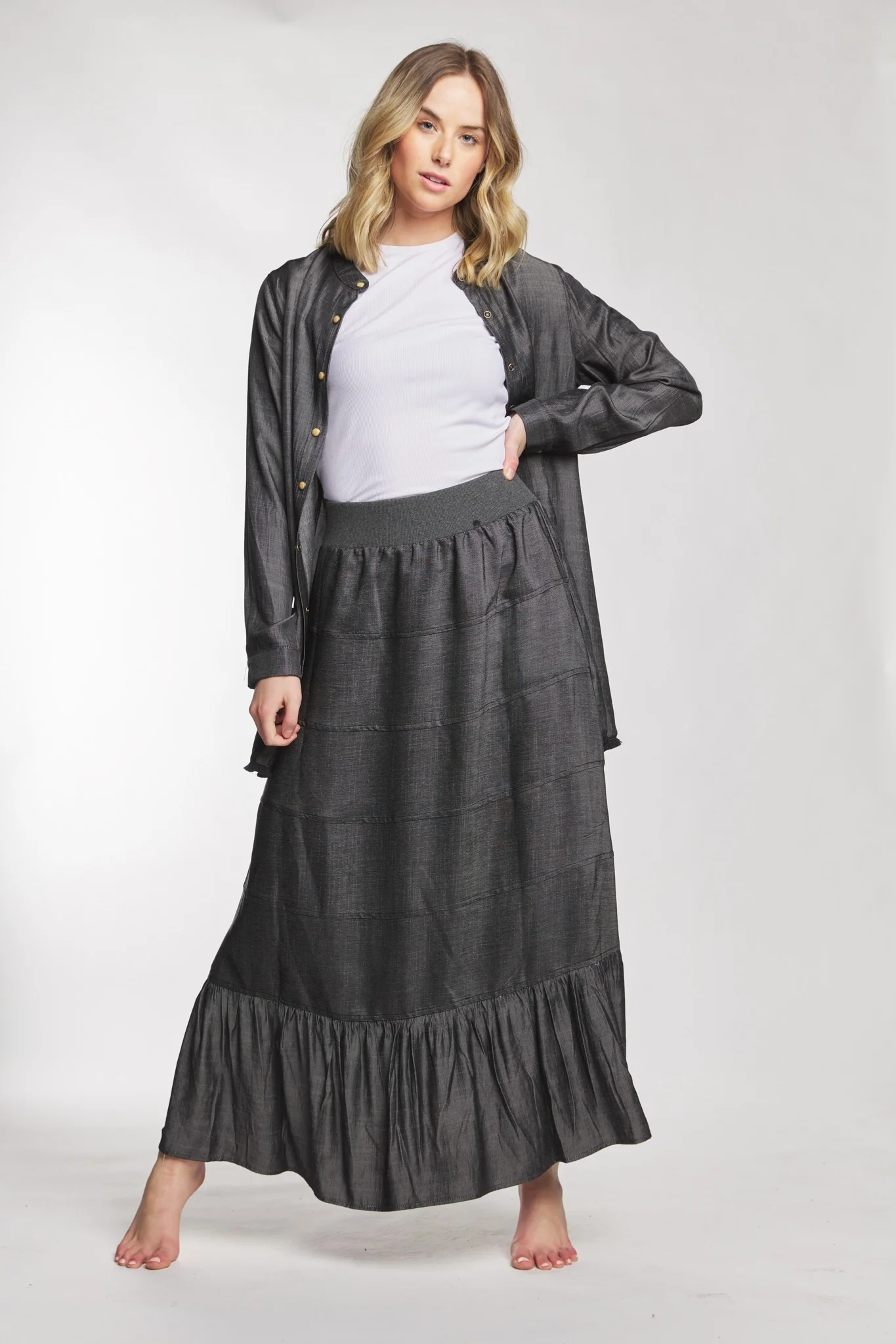 Grey Layered Flowy Skirt With Ribbed Waistband - Image 2