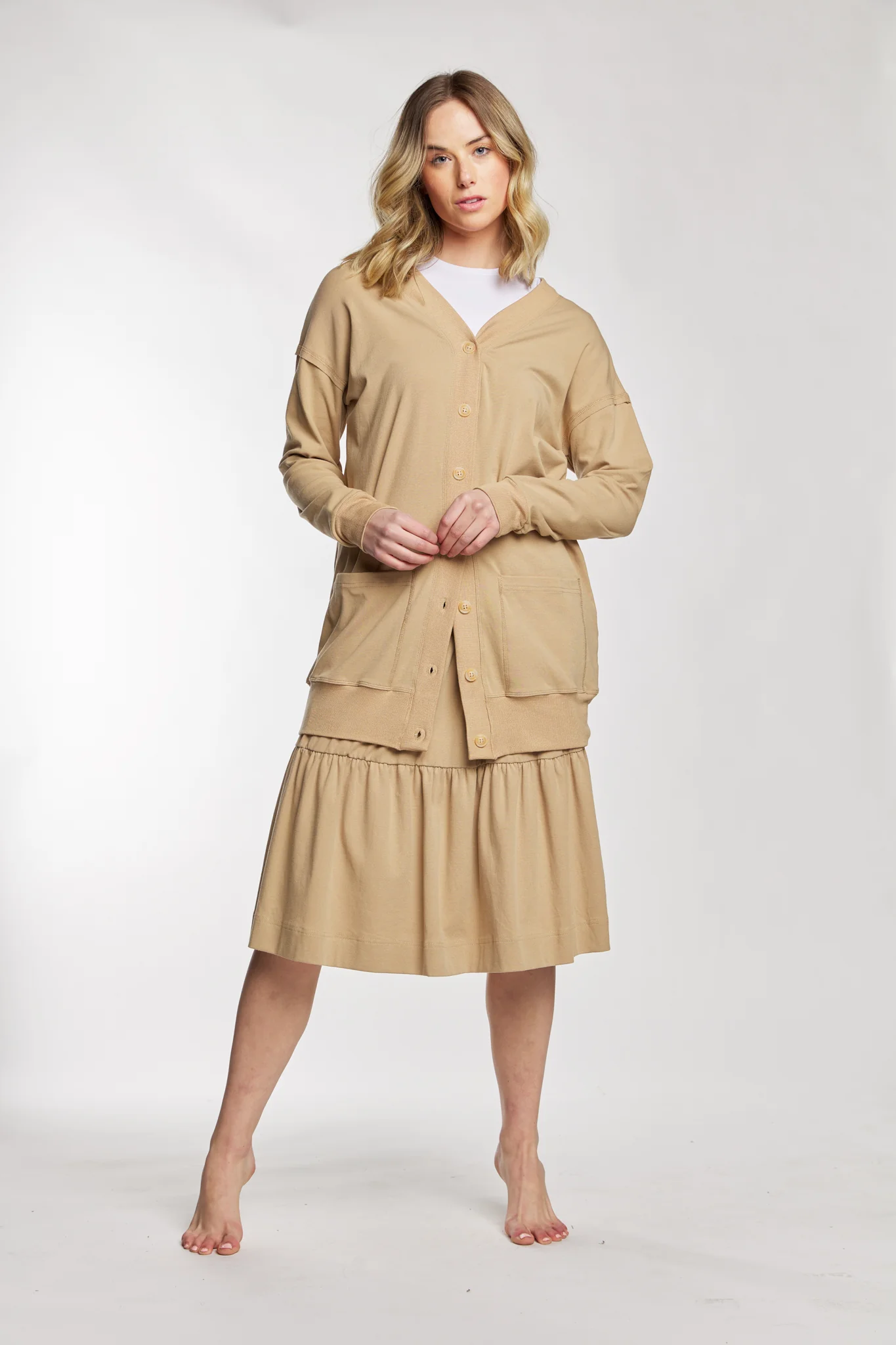 Tan Cotton Cardigan With Matching Buttons And Pockets - Image 2
