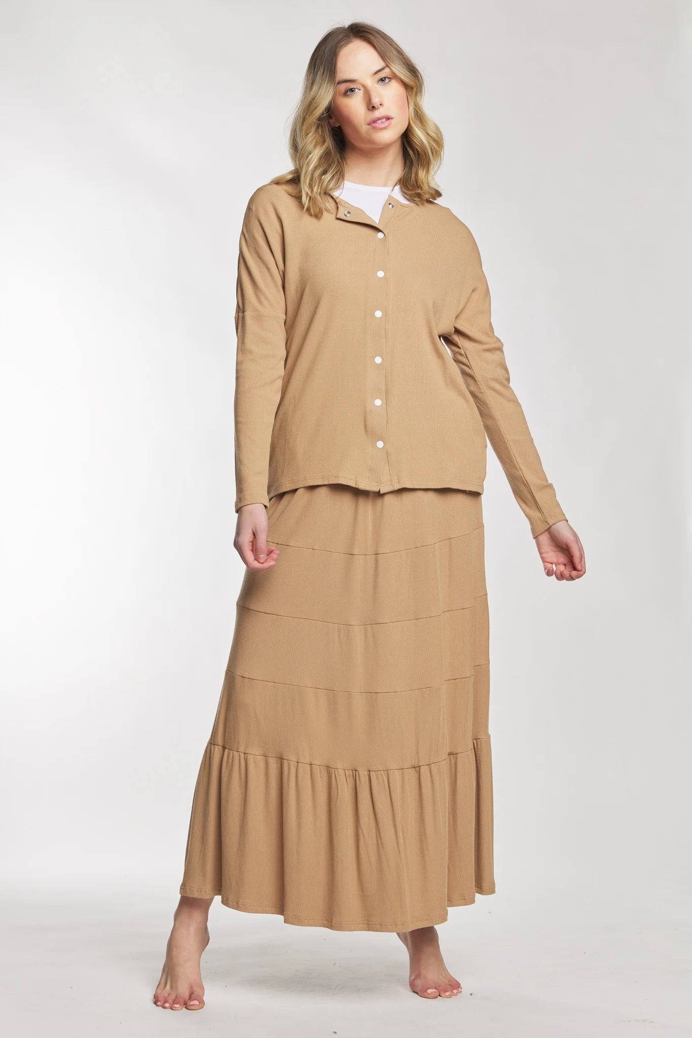 Tan Ribbed Button Up Top With Snaps And A Thin Pocket