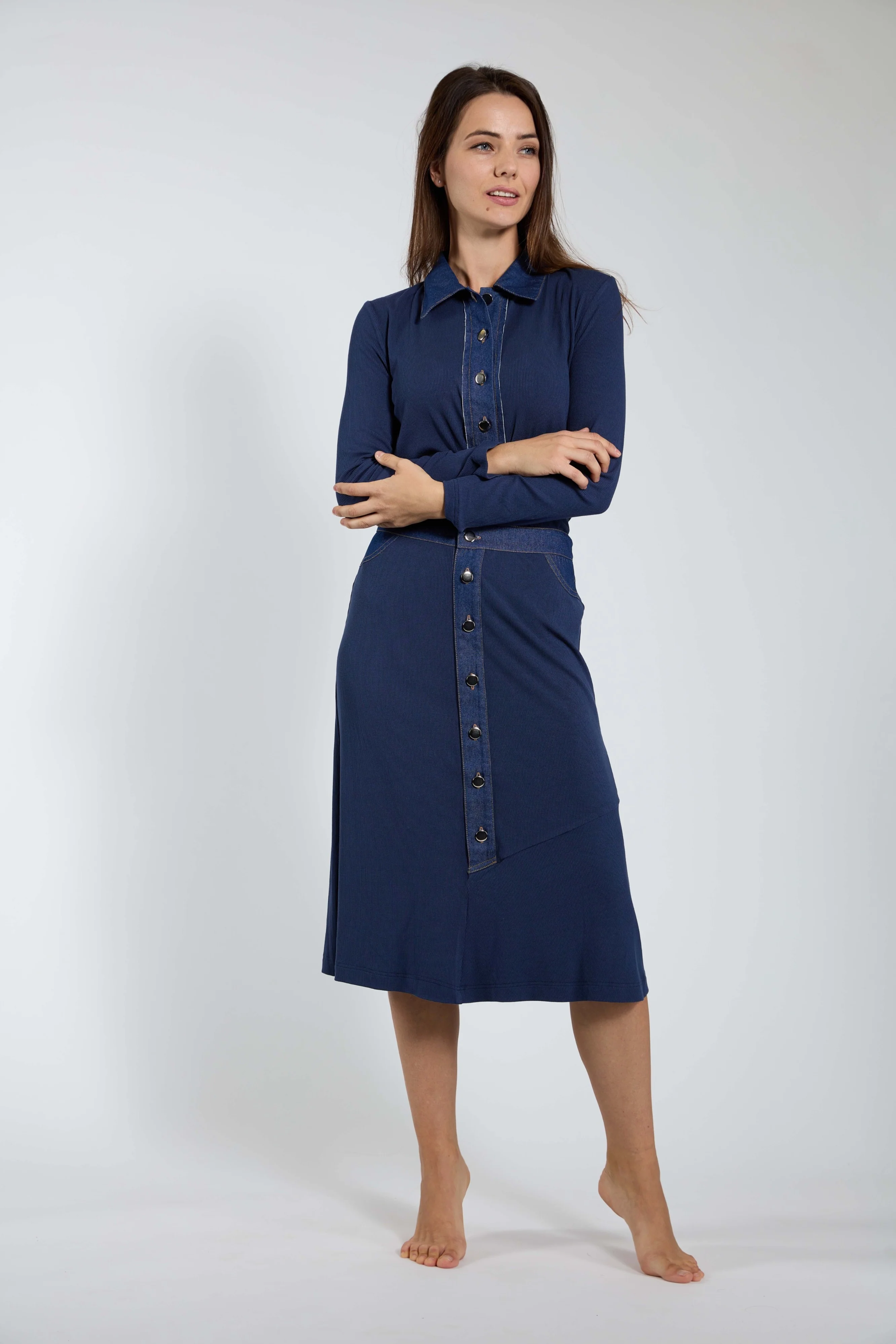 Dark Blue Ribbed Skirt With Denim Waistband & Buttons - Image 2