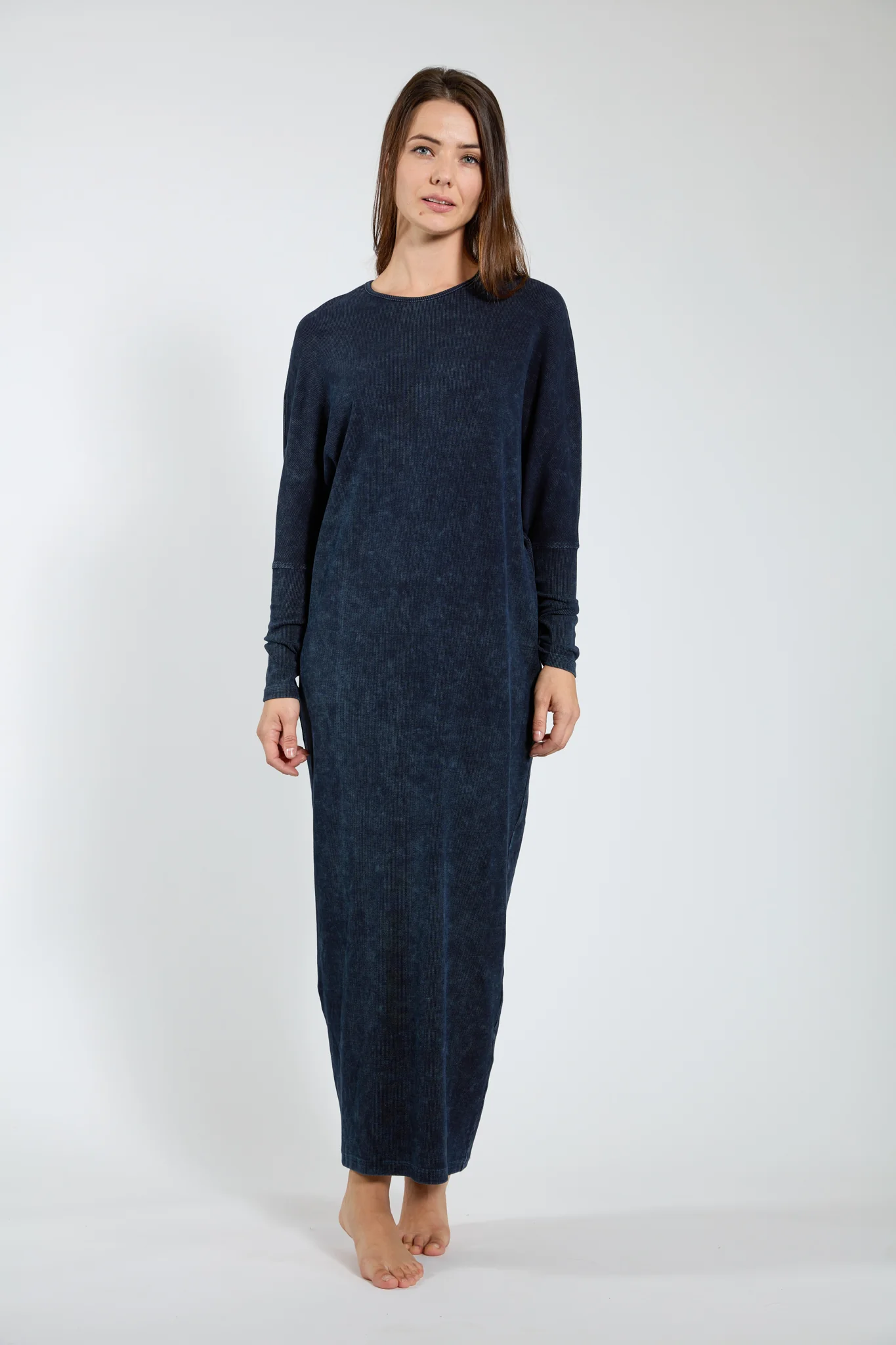 Dark Blue Denim Ribbed Maxi Dress - Image 2