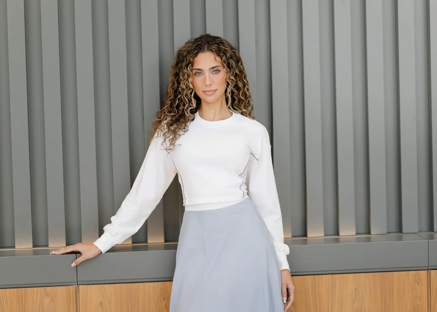 Banded Flair Skirt - Light Grey/White - Image 7