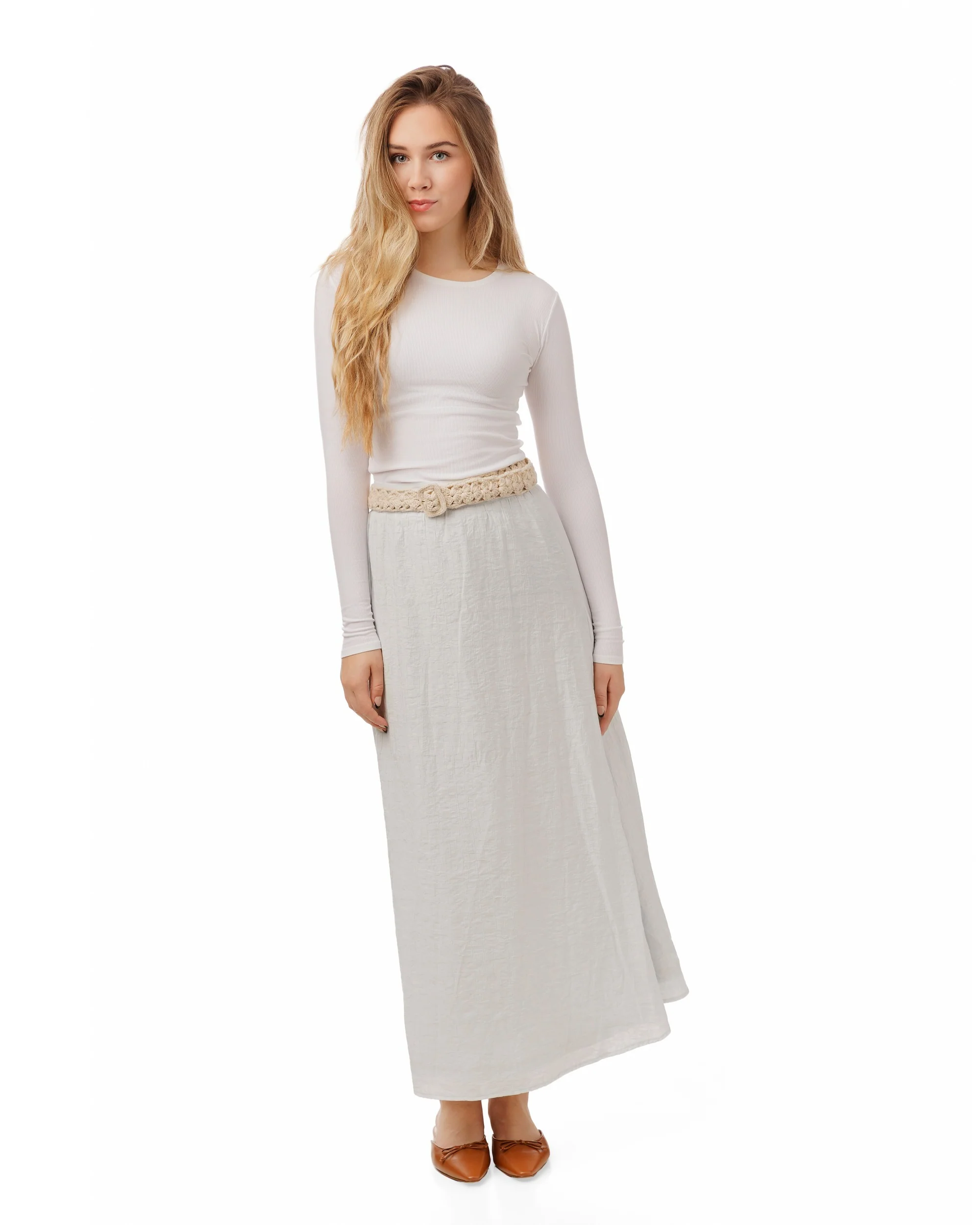 Beige Crochet Belt Light Blue Skirt - Image 2