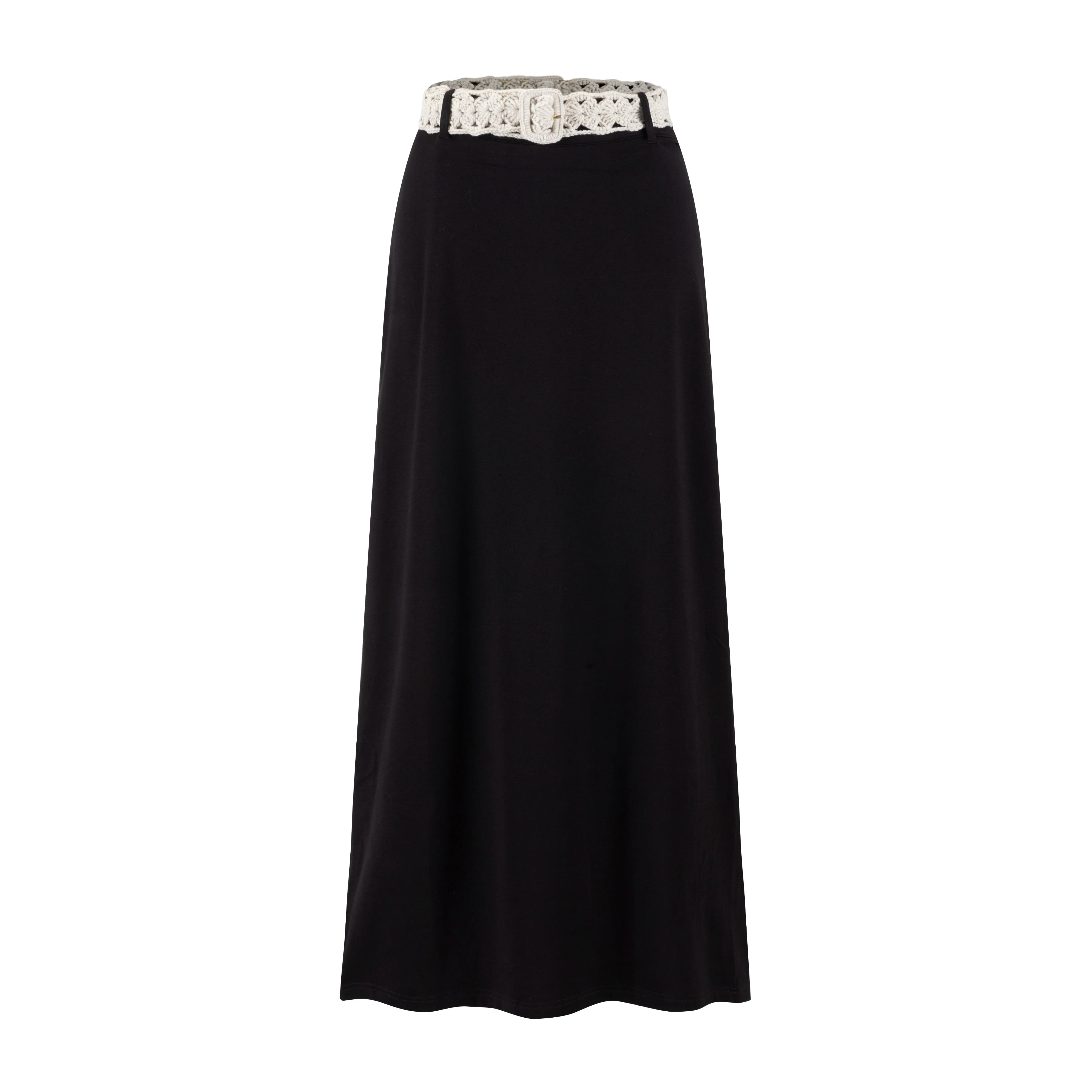 Beige Crochet Belt Solid Black Skirt - Image 2