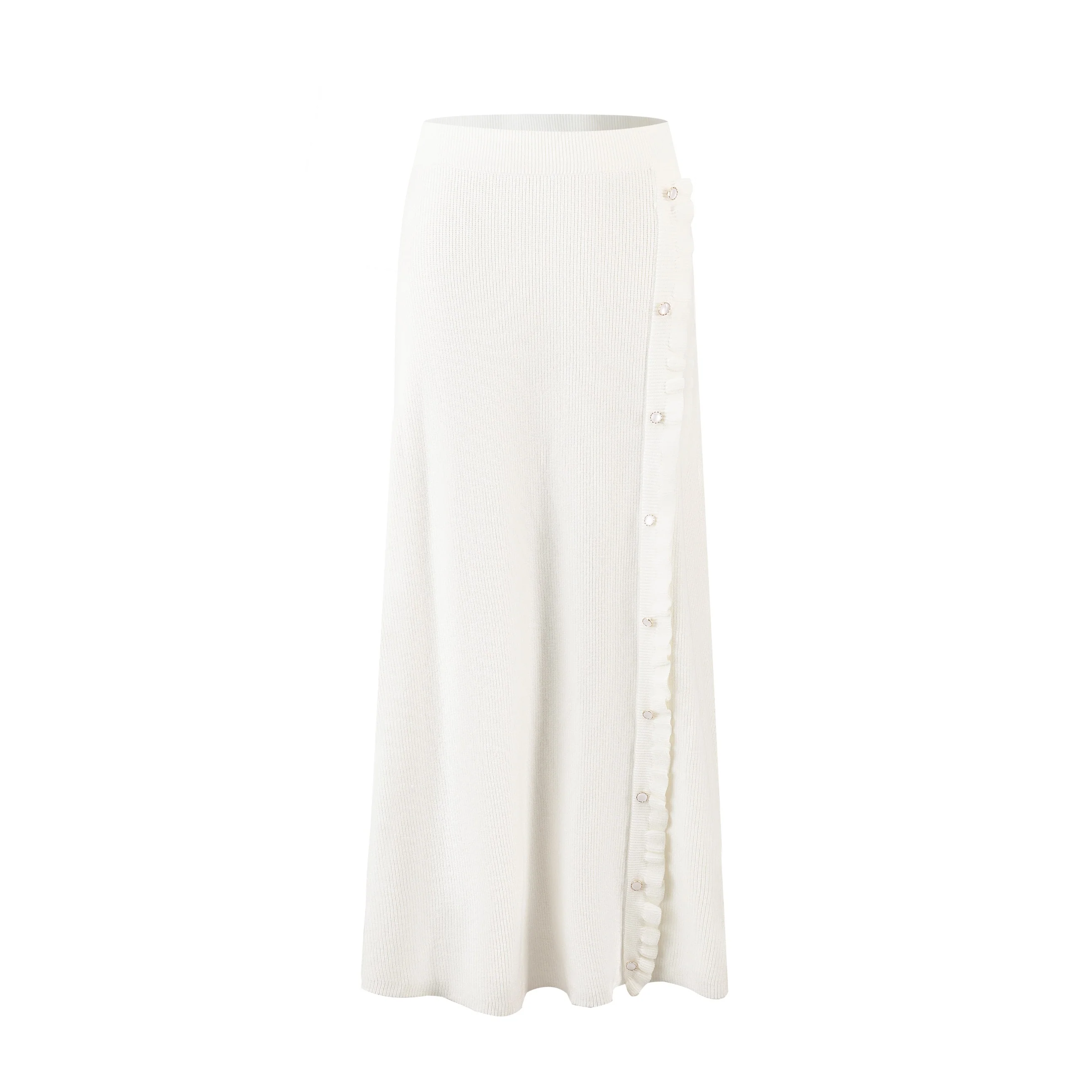 Beige Long Knit Skirt With Ruffle Down Side - Image 2