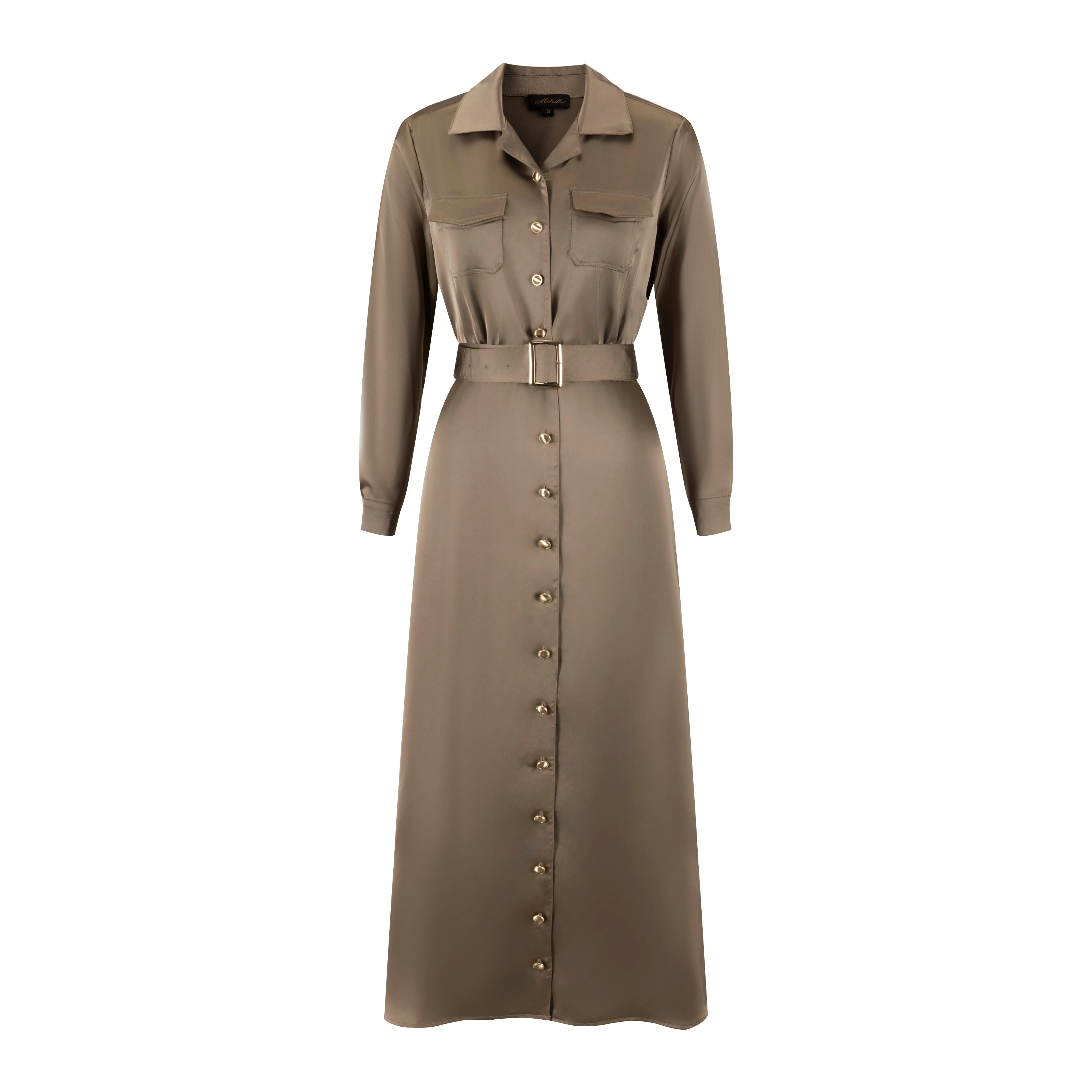 Belted Dress With Gold Buttons - Brown - Image 2