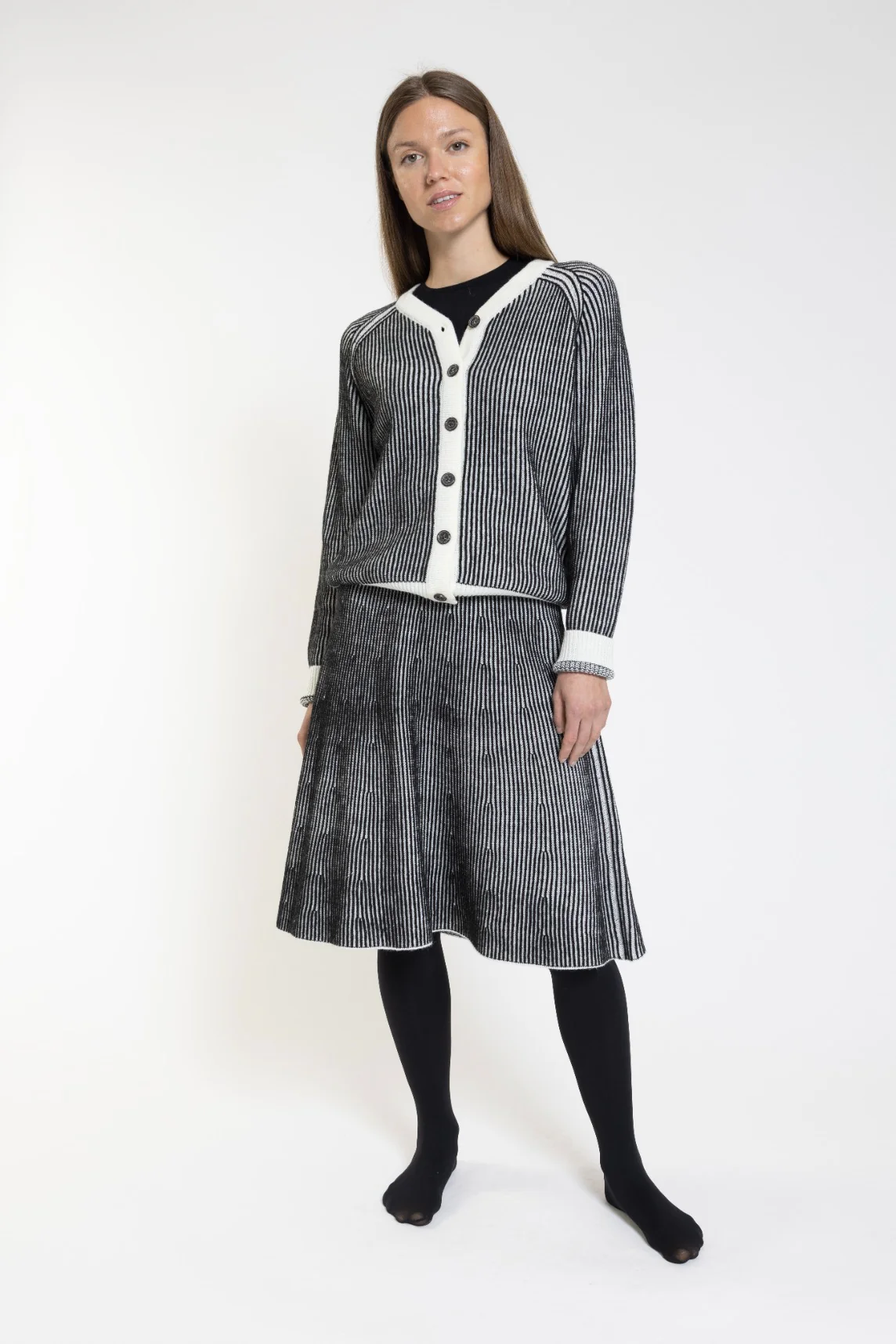 Black And Cream Striped Knit Skirt With Cream Waistband