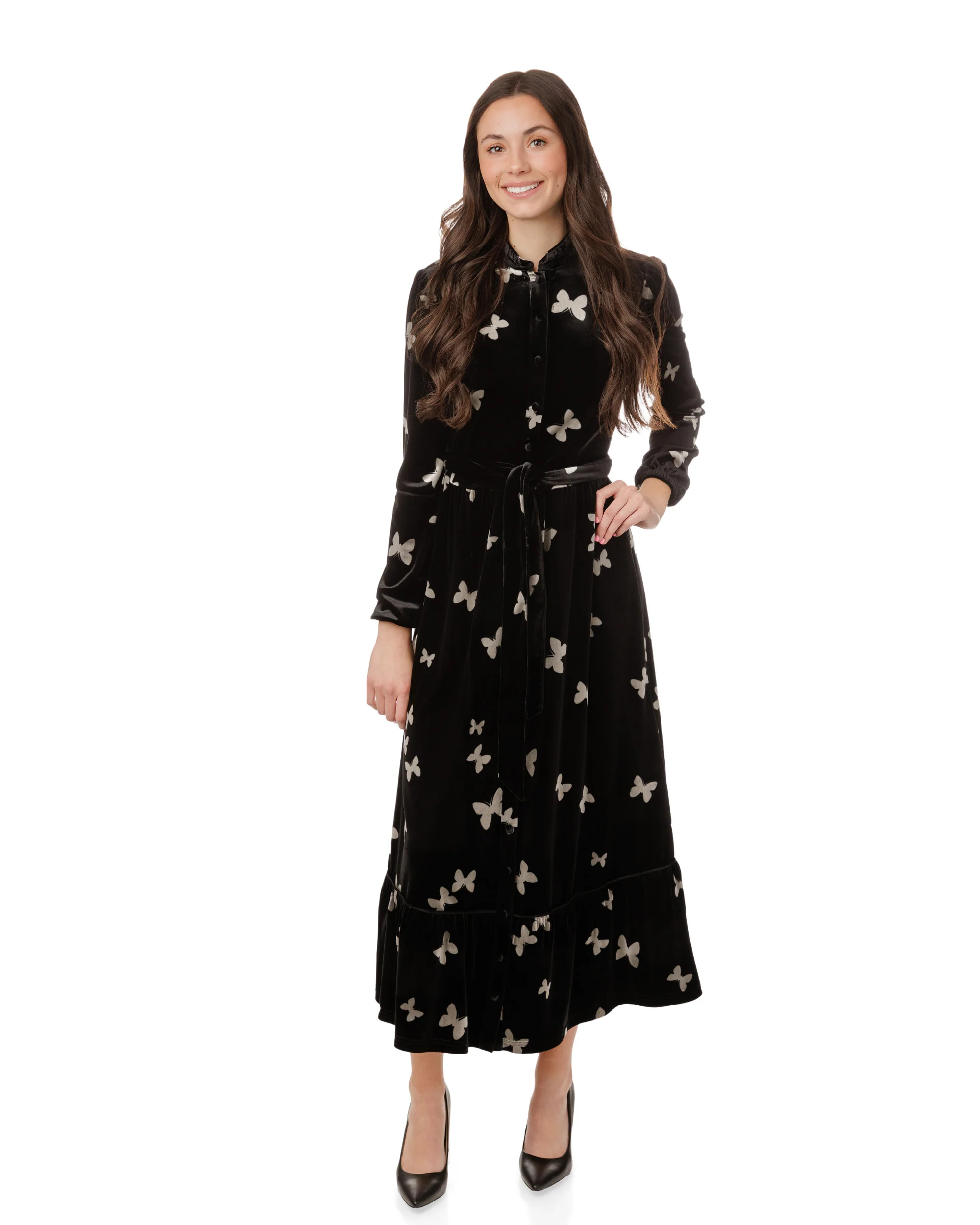 Black Butterfly Printed Velvet Dress - Image 2