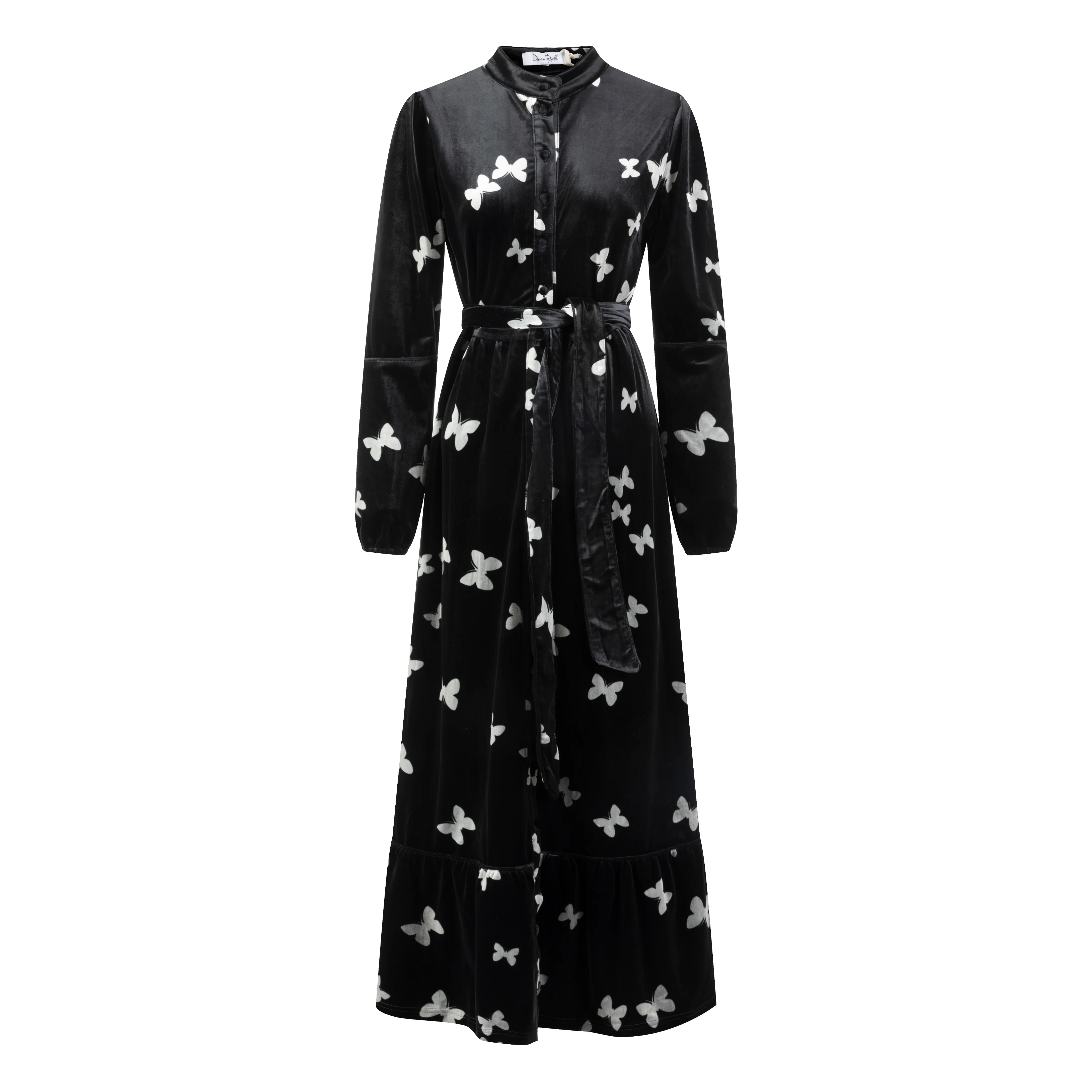 Black Butterfly Printed Velvet Dress - Image 3