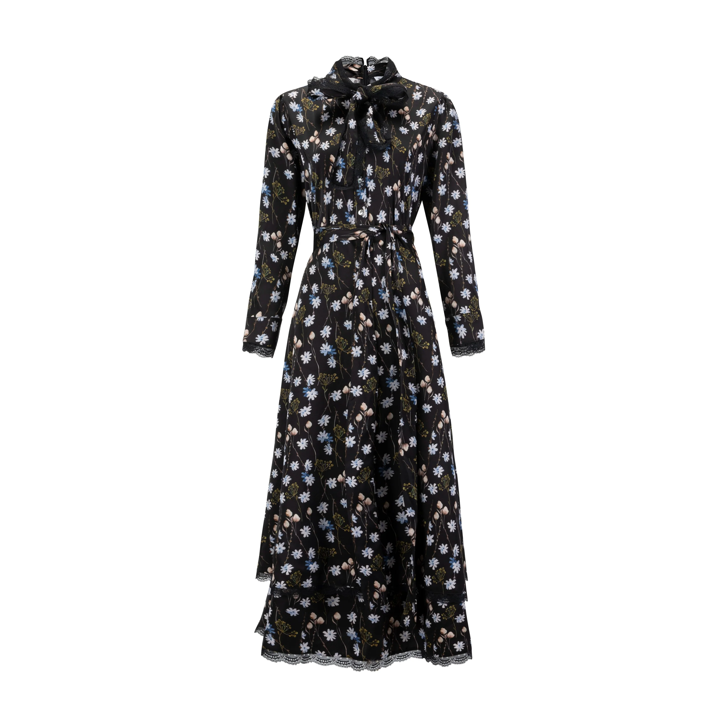 Black Floral Printed Belted Dress - Image 2