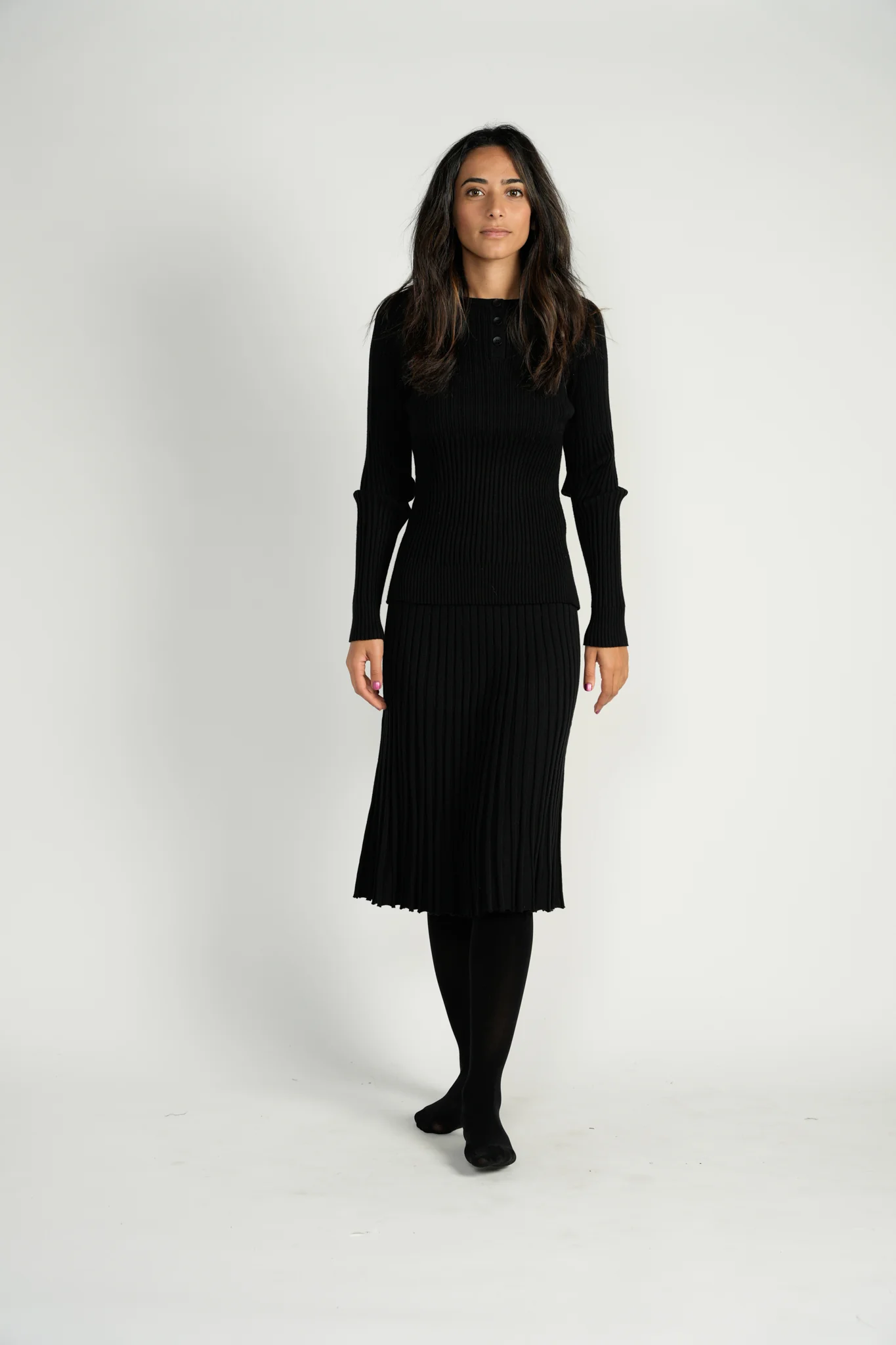 Black Knit Ribbed Top With Marled Buttons - Image 2
