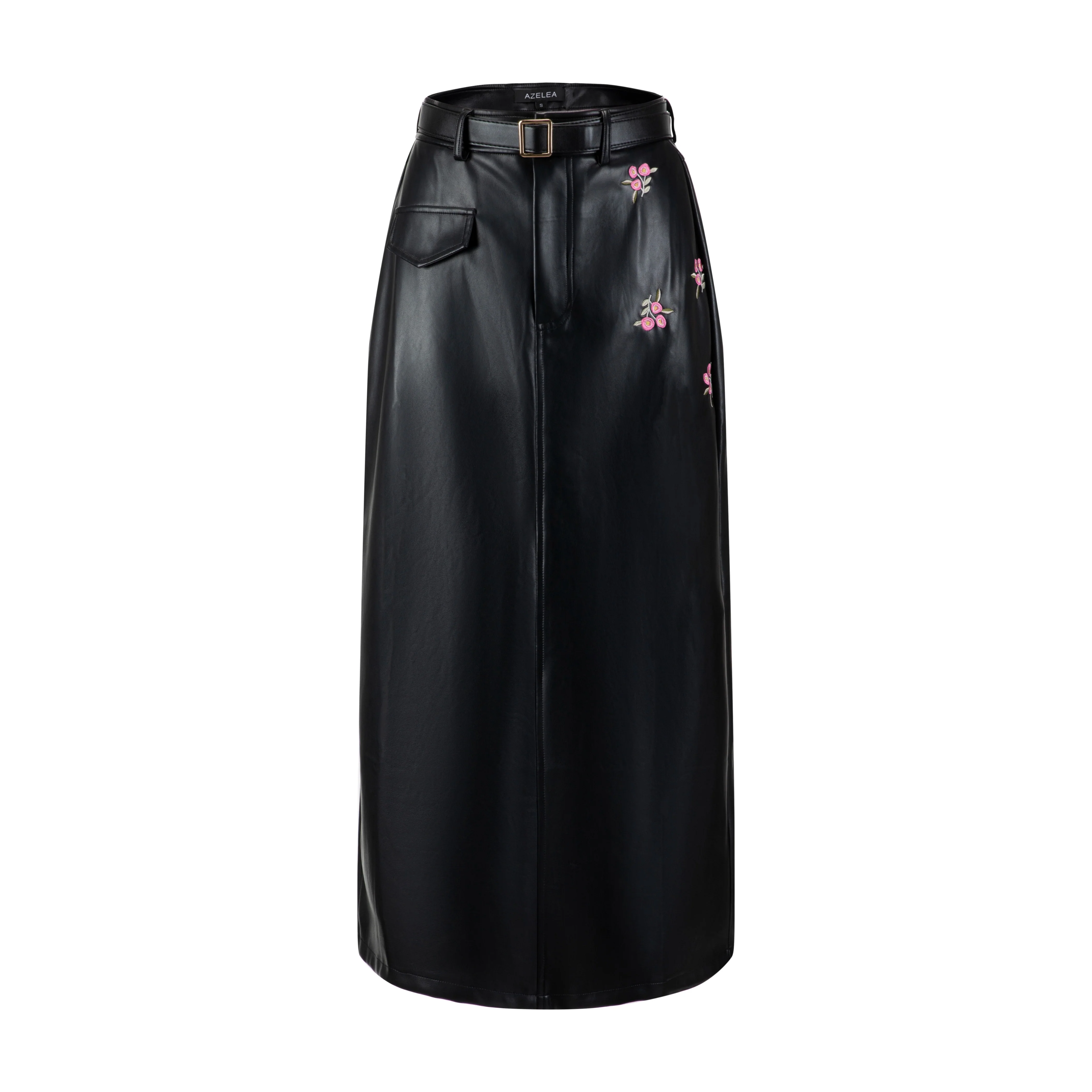 Black Leather With Mini Pink Floral Embroidery - Image 2