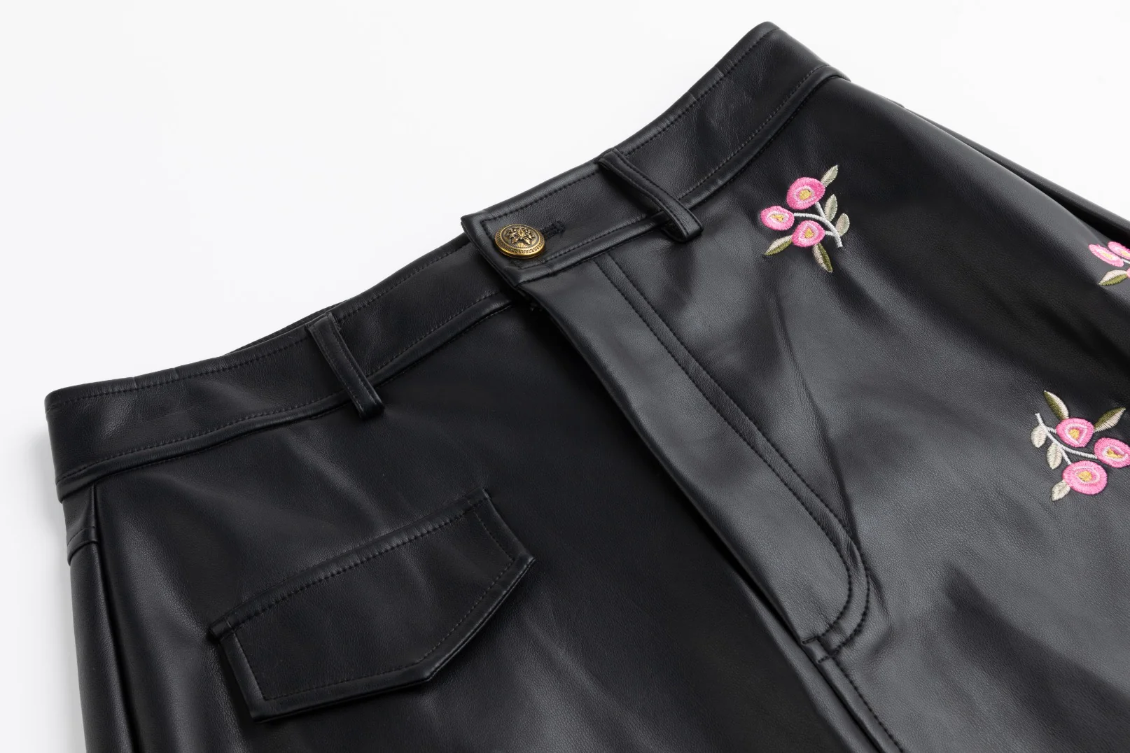 Black Leather With Mini Pink Floral Embroidery - Image 4