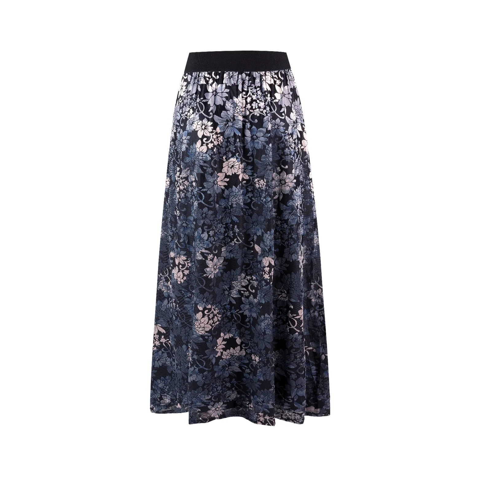 Black Printed Velvet Skirt With Elastic Waistband - Image 3