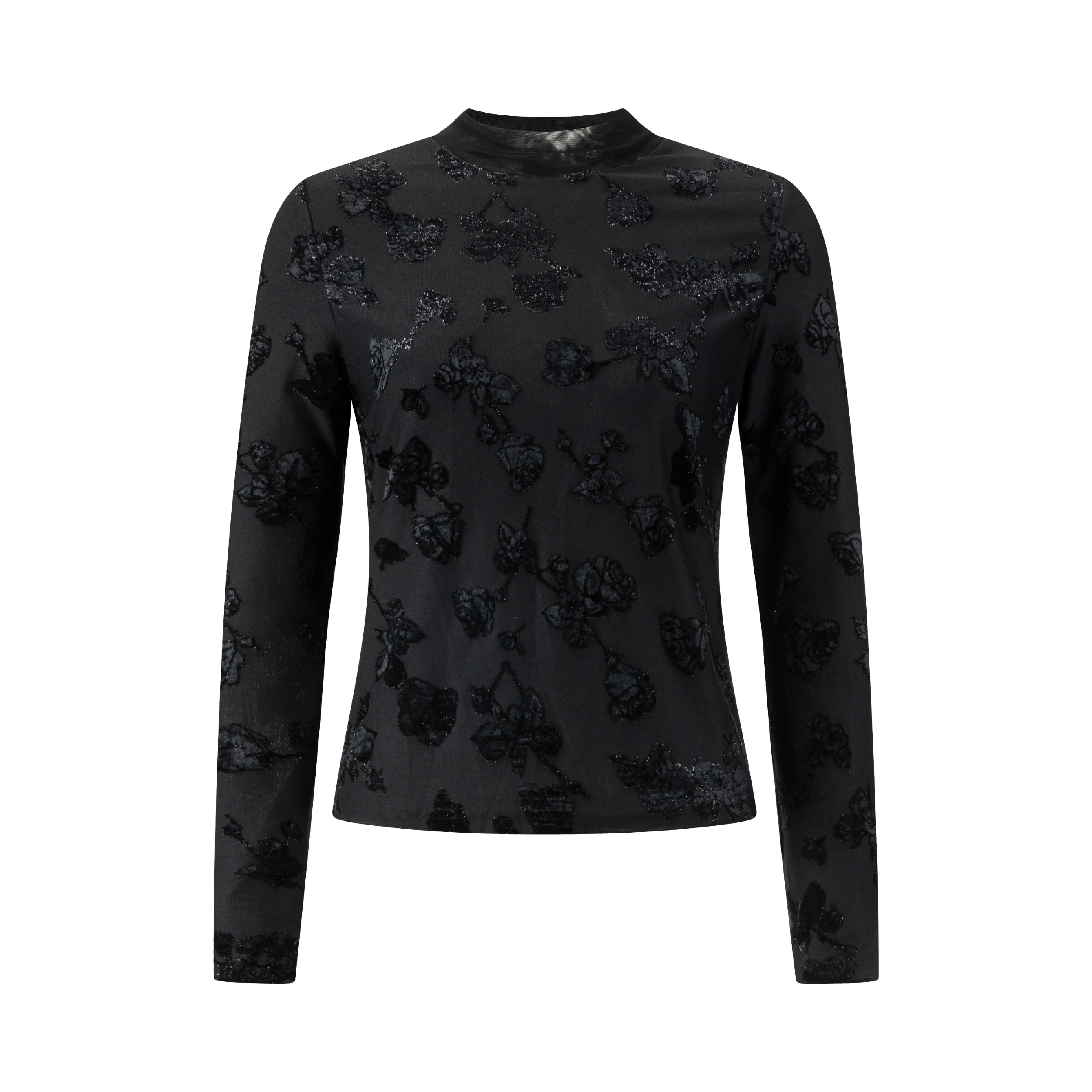 Black Shimmer Cut Velvet Mock Neck Top - Image 2