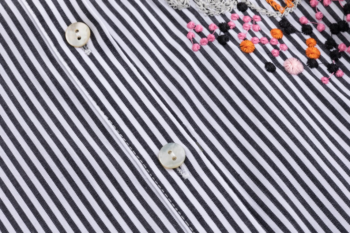 Black Stripes Shirt With Big Orange Flower Embroidery - Image 4