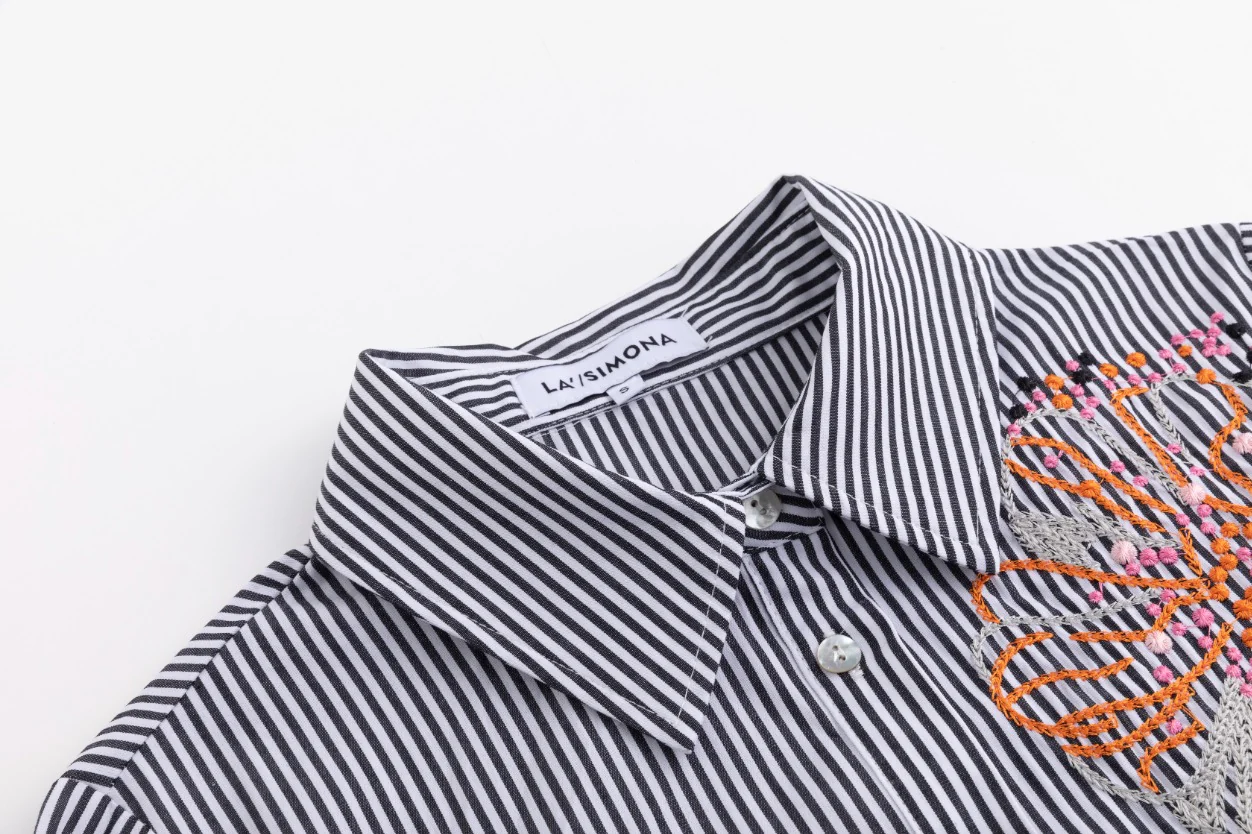 Black Stripes Shirt With Big Orange Flower Embroidery - Image 5