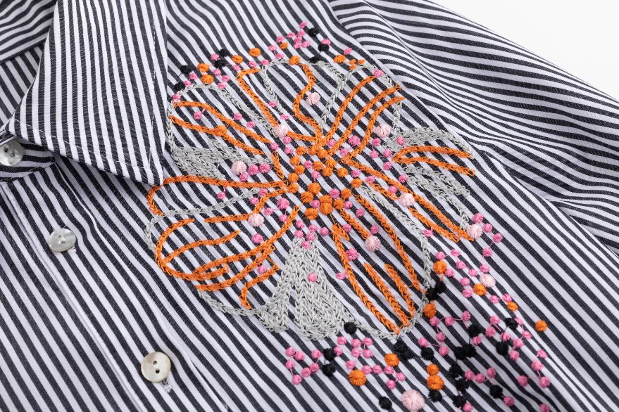 Black Stripes Shirt With Big Orange Flower Embroidery - Image 6