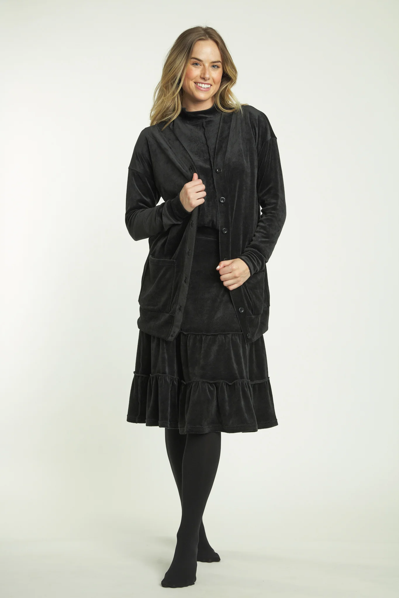 Black Velvet 2-Tiered Skirt With Elastic Waistband And Exposed Seams - Image 2