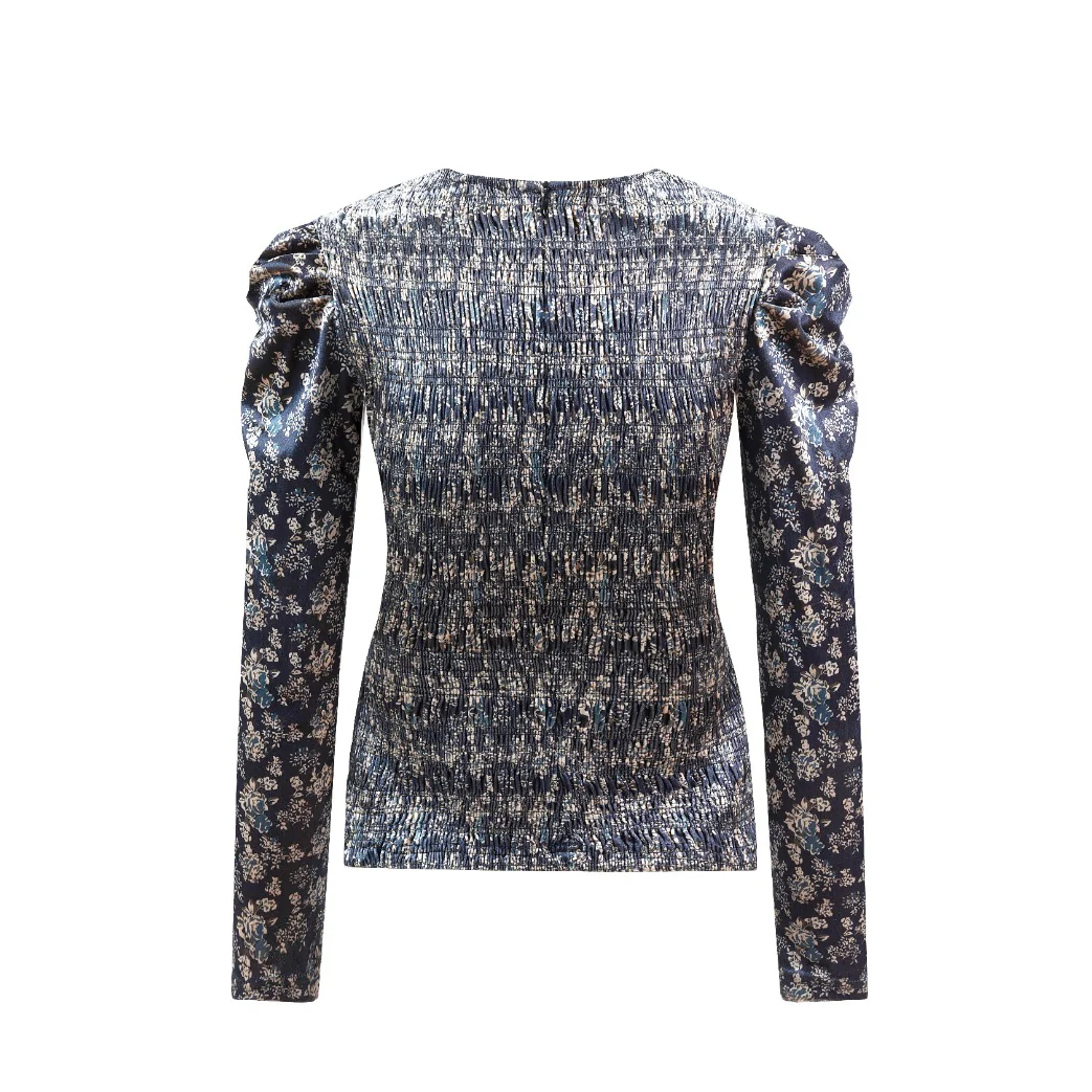Black Velvet Smocked Fitted Top With Puff Shoulder - Image 3