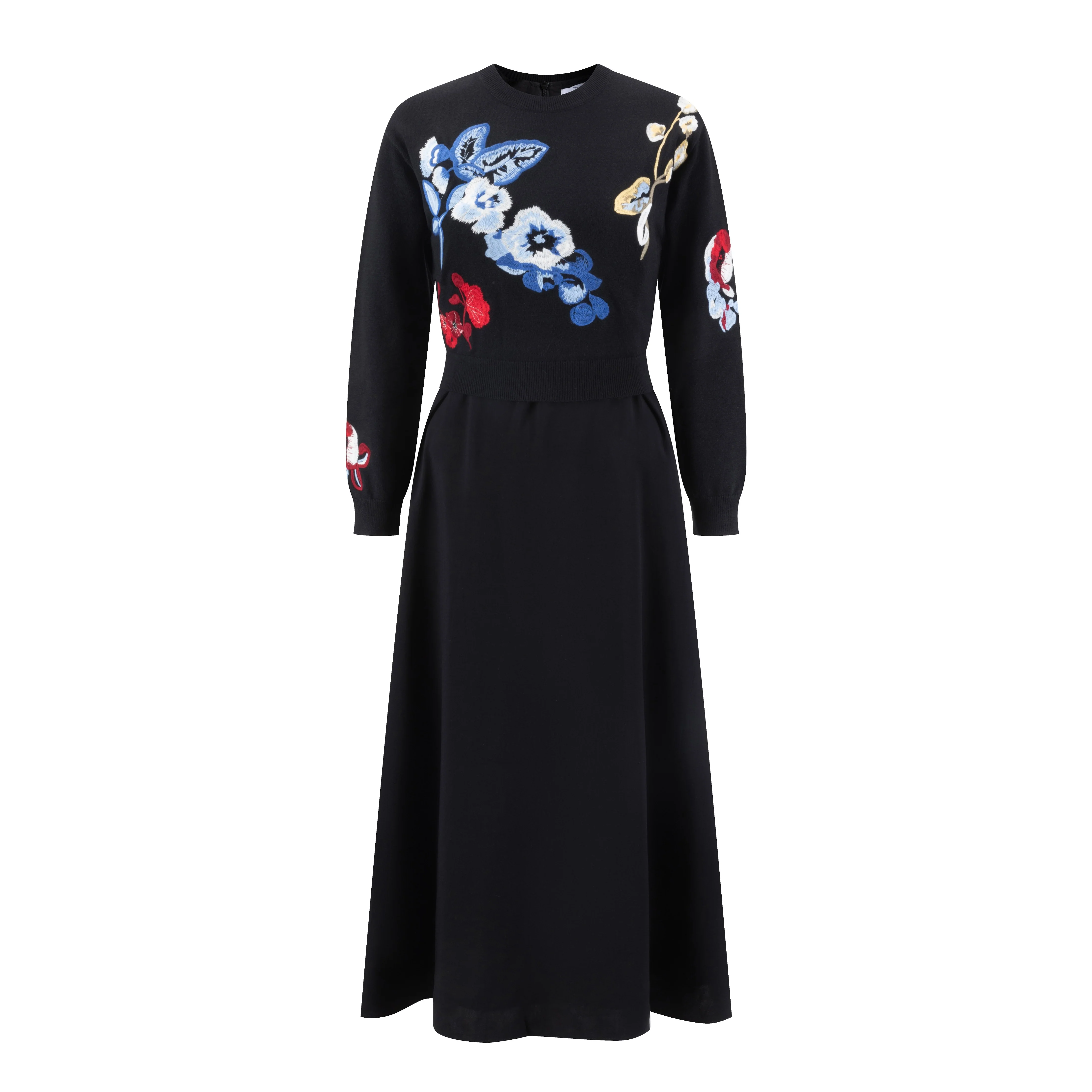 Black Wool Dress With Floral Embroidered Knit Overlay - Image 3