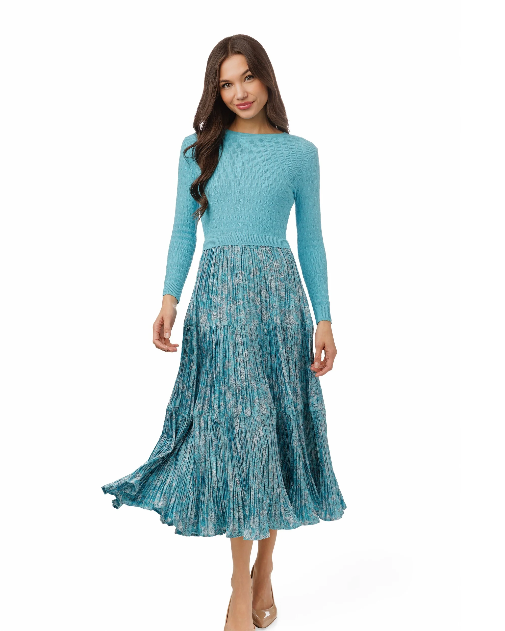 Blue And White Printed Dress With Attached Knit - Image 2