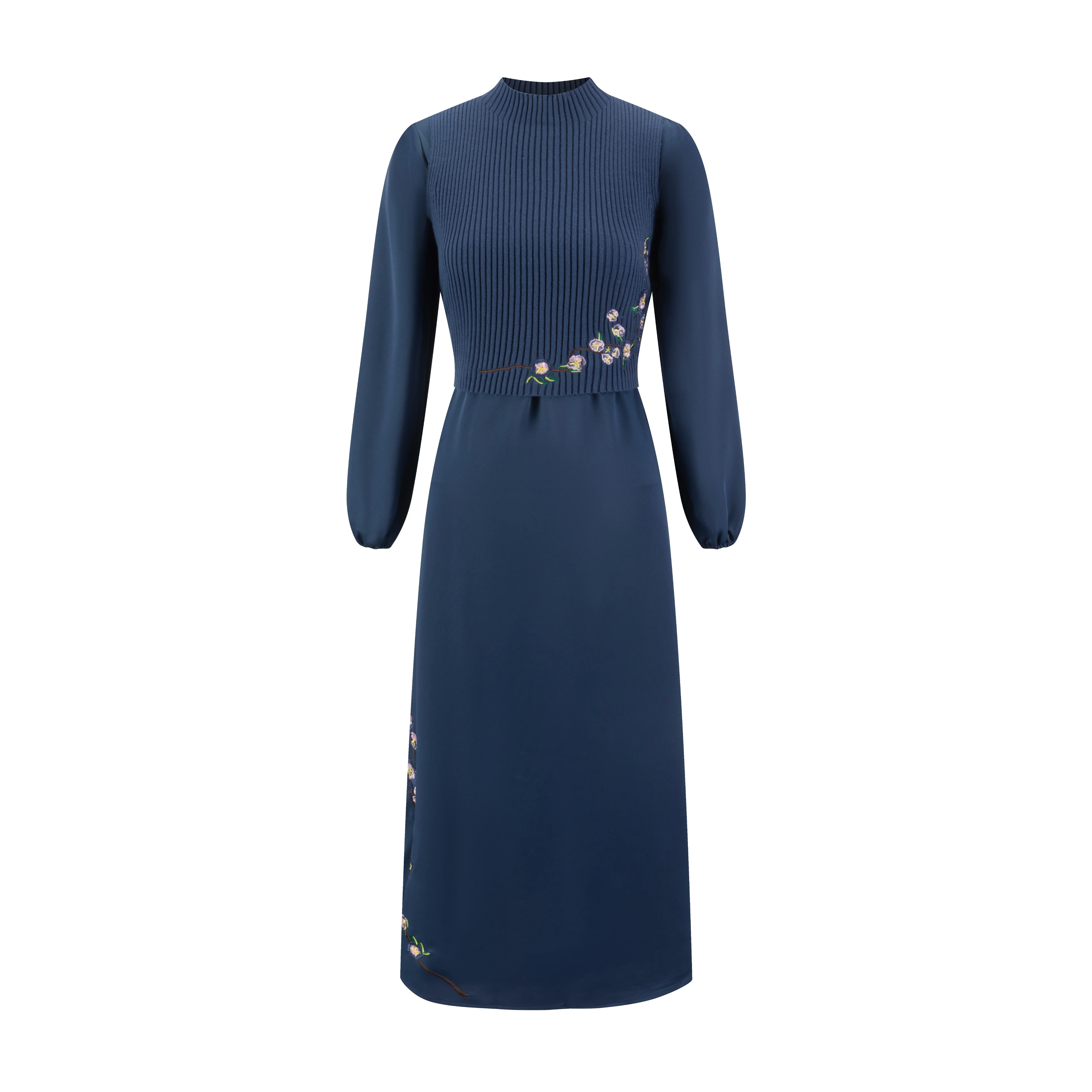Blue Embroidered Dress With Knit Vest Overlay - Image 2