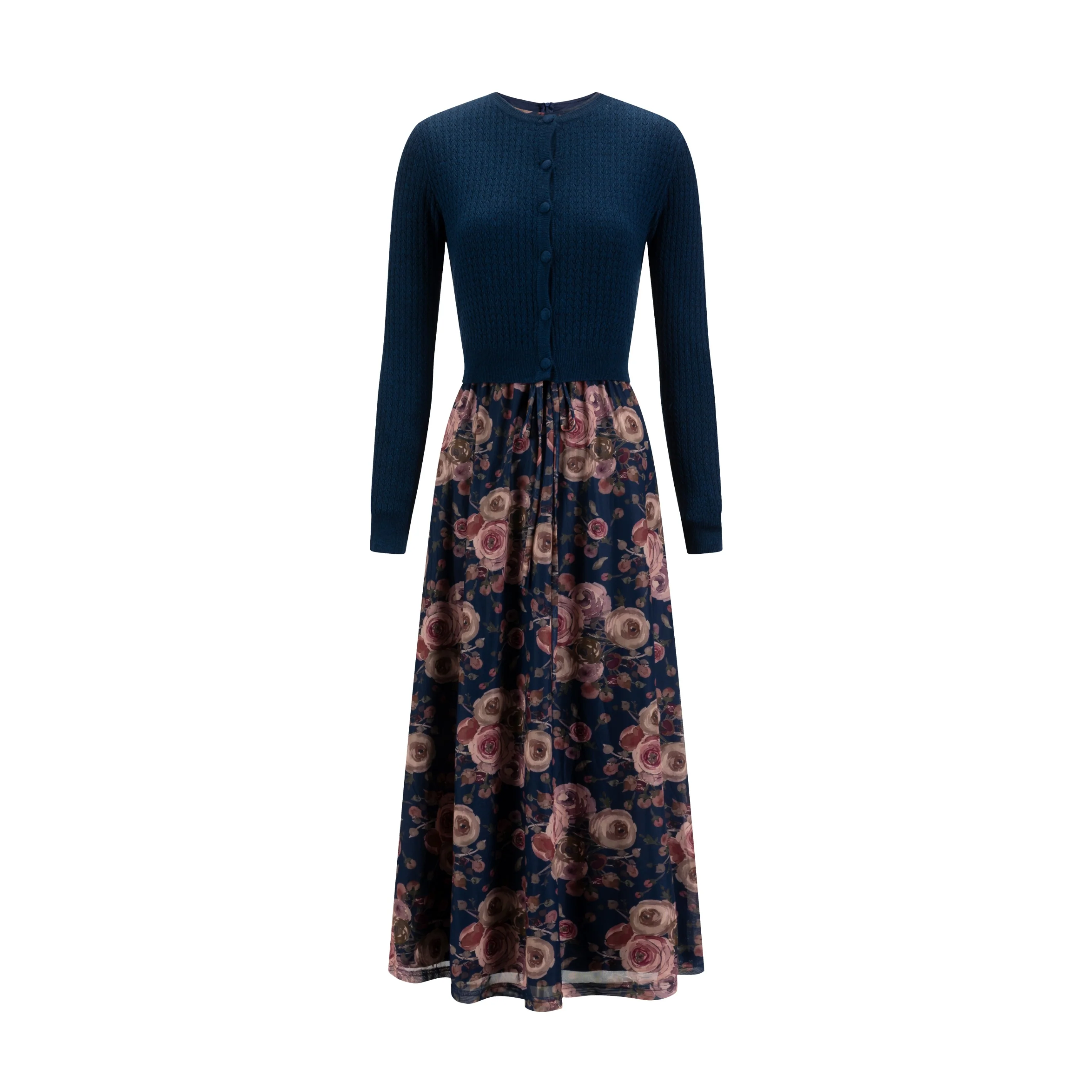 Blue Floral Mesh Dress With Knit Cardigan Overlay - Image 2