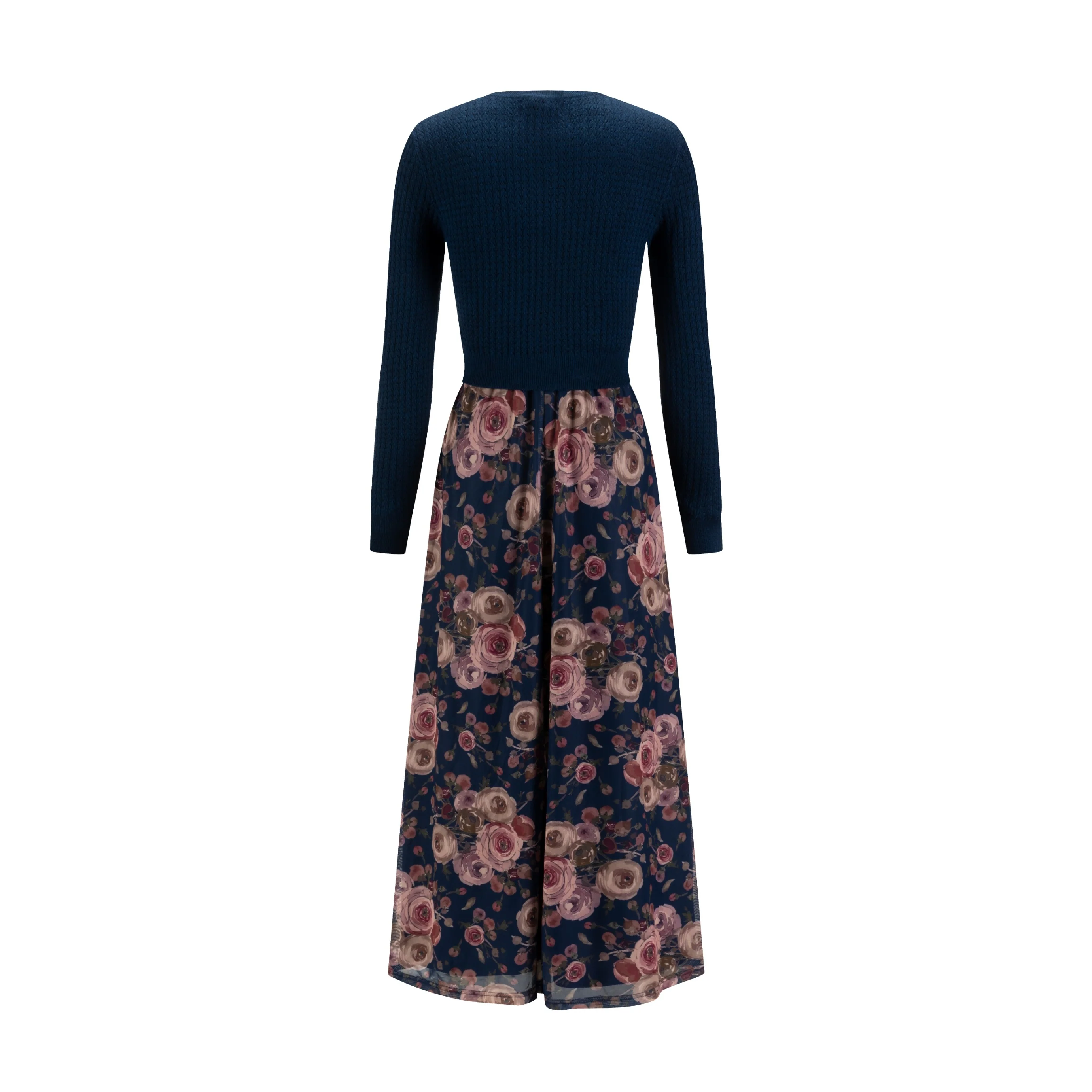 Blue Floral Mesh Dress With Knit Cardigan Overlay - Image 3