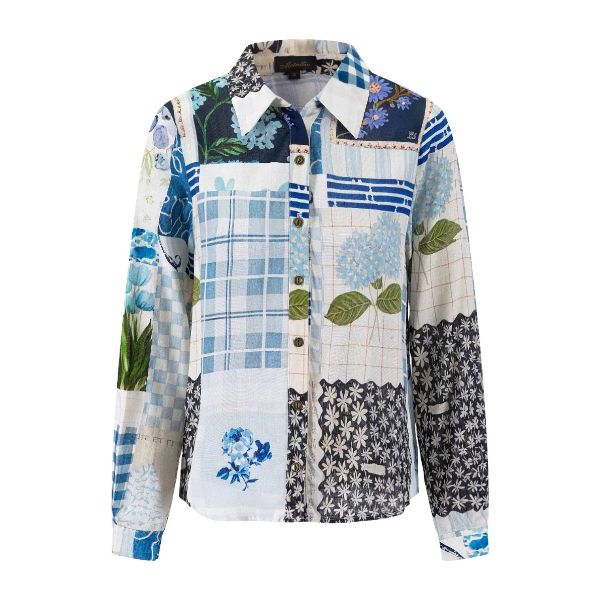 Blue Floral Patchwork Printed Blouse - Image 2