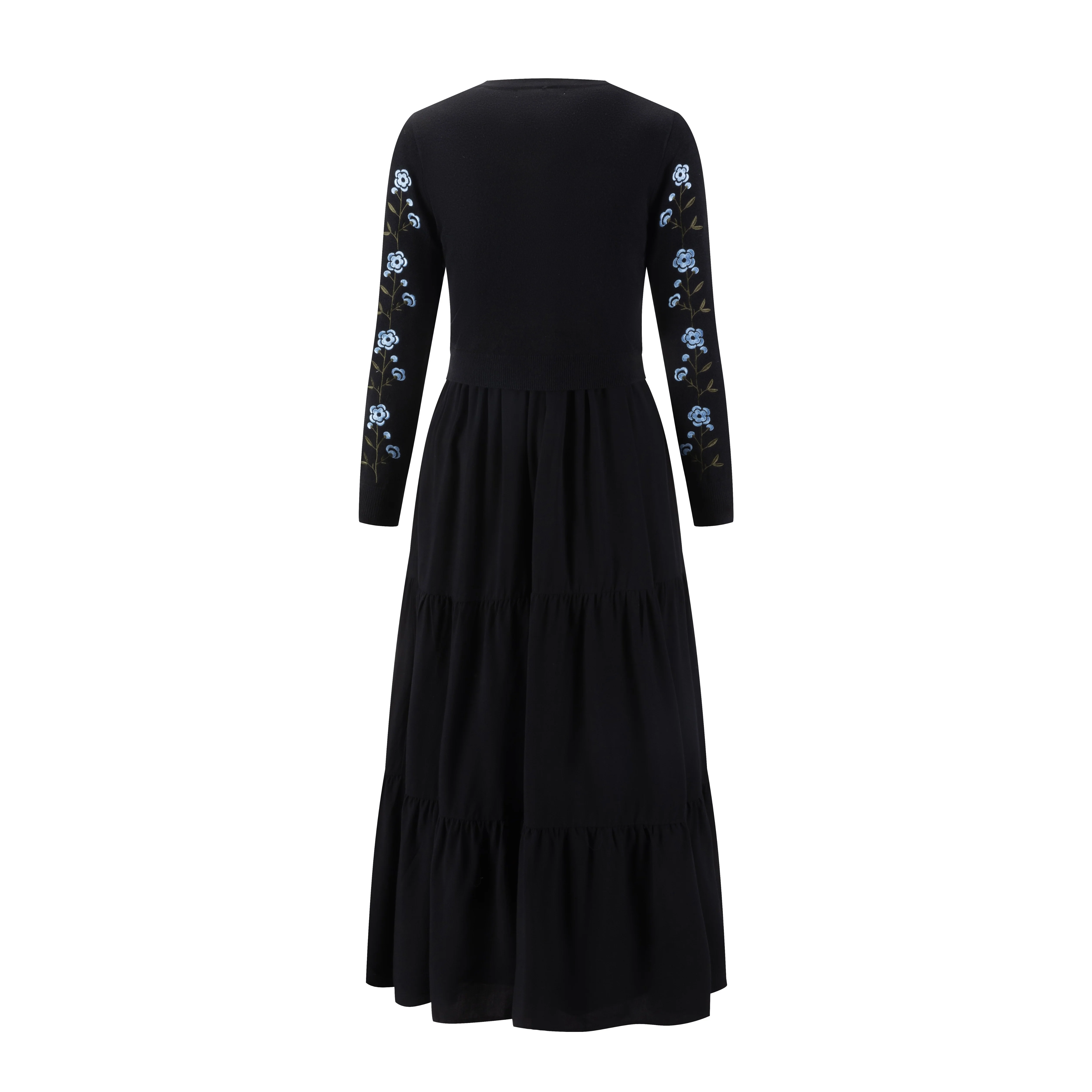 Blue Flower Embroidered Black Cardigan With Tire Underlay - Image 2