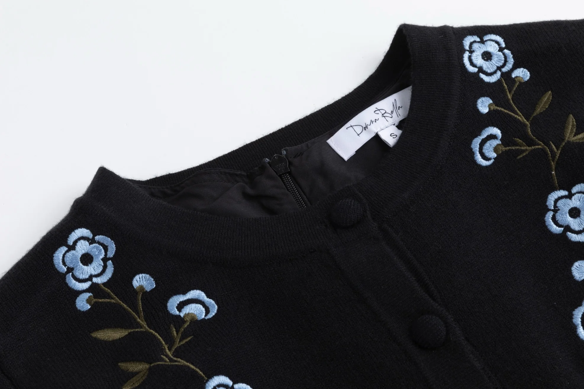 Blue Flower Embroidered Black Cardigan With Tire Underlay - Image 3