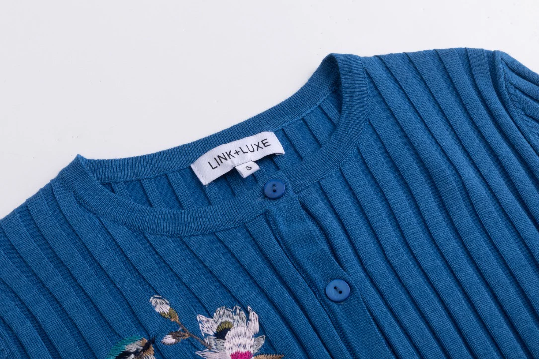 Blue Knit Cardigan With Embroidered Bird - Image 4