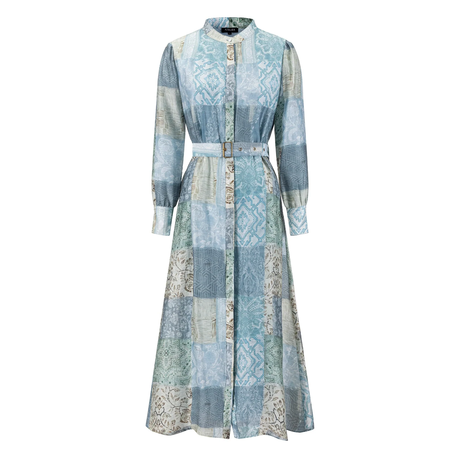 Blue Patchwork Dress With Belt - Image 2