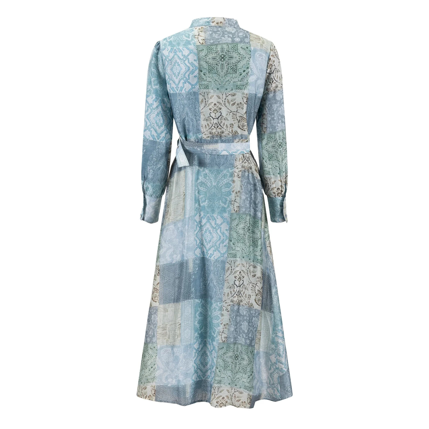 Blue Patchwork Dress With Belt - Image 3