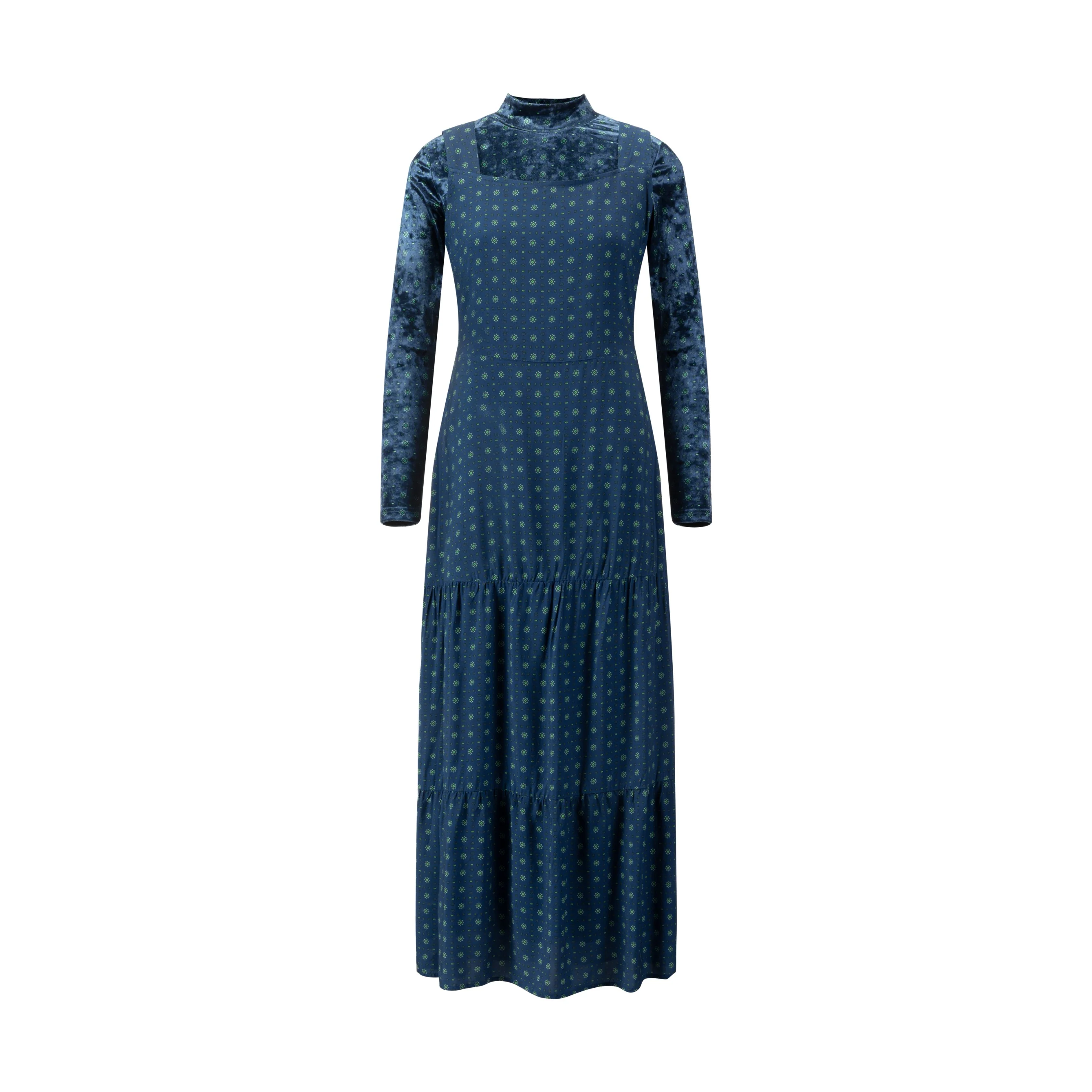 Blue Printed Wool Dress With Velvet Mock Neck Overlay - Image 2