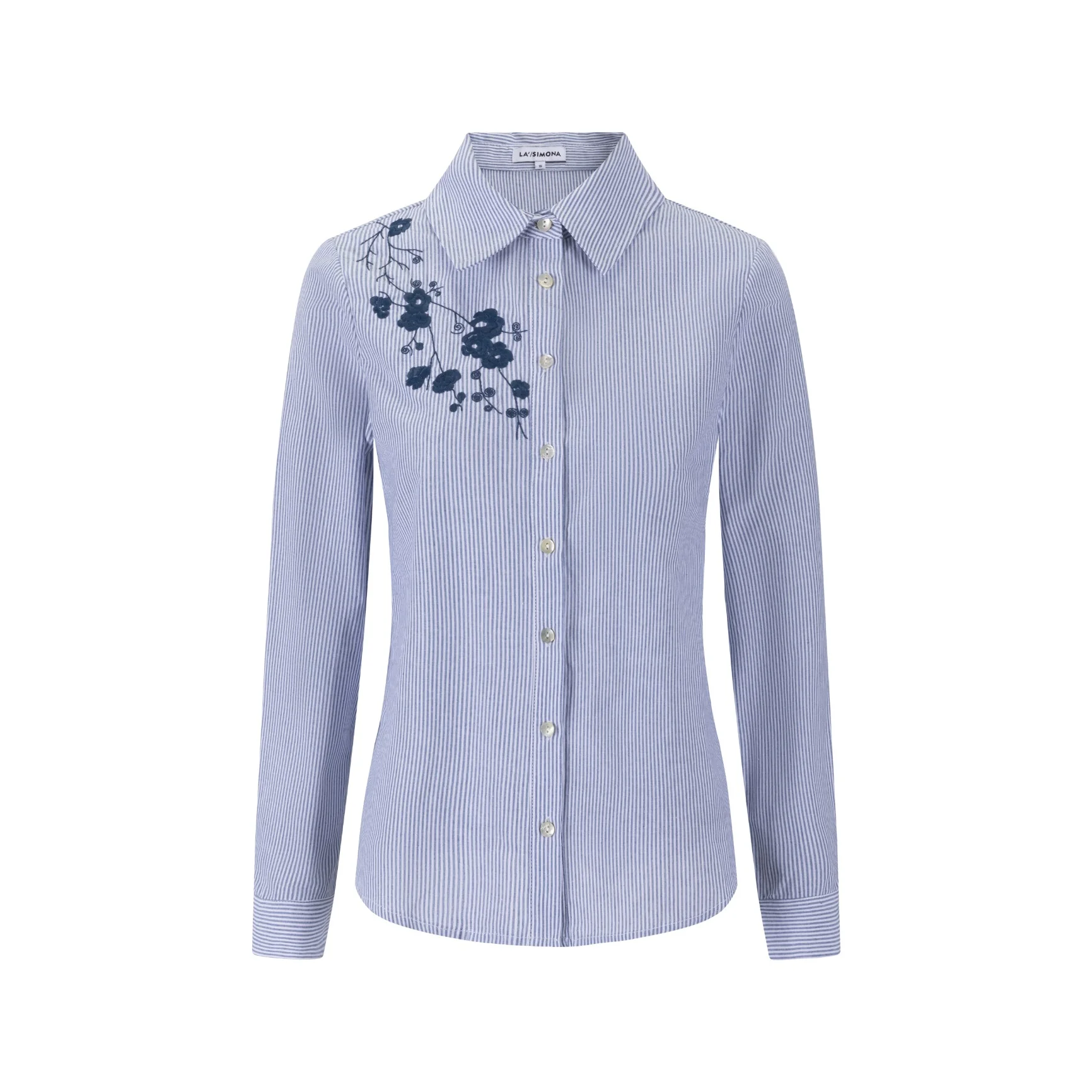 Blue Stripes Shirt With Navy Flower Embroidery - Image 2