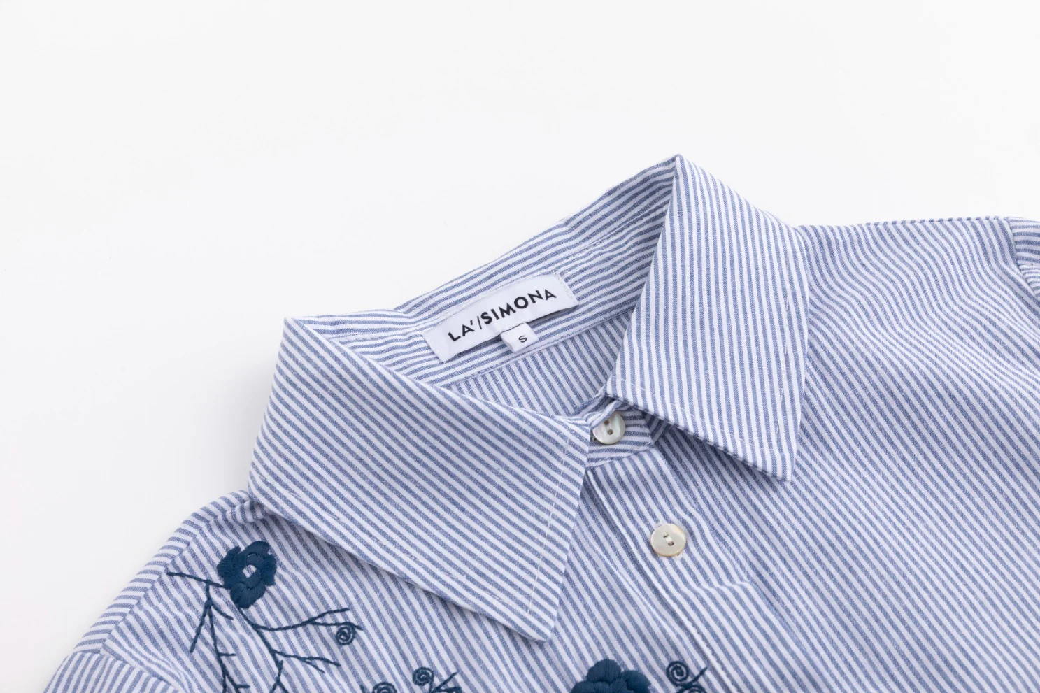 Blue Stripes Shirt With Navy Flower Embroidery - Image 5