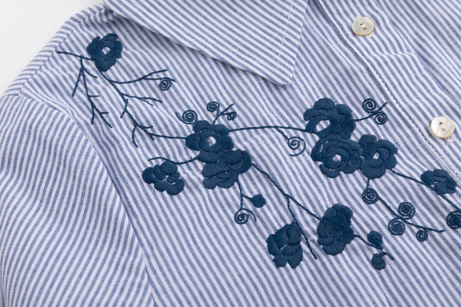 Blue Stripes Shirt With Navy Flower Embroidery - Image 6