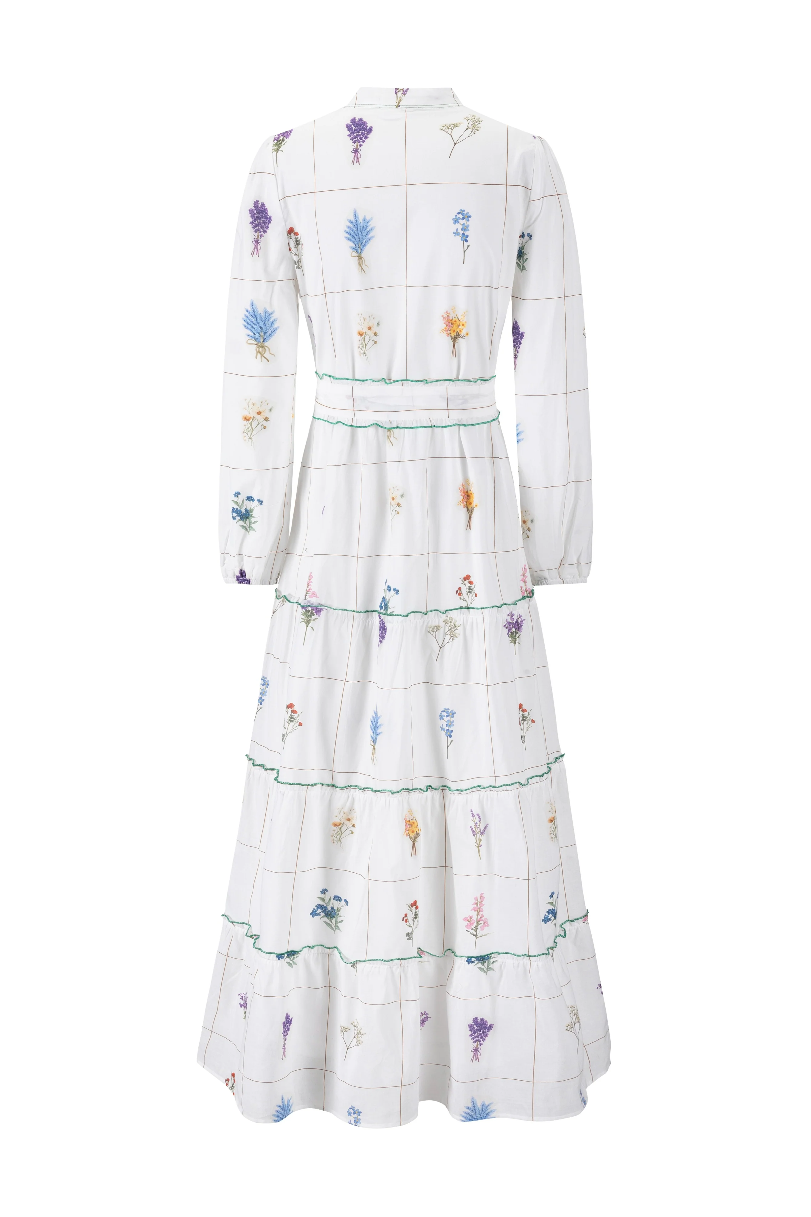 Bouquet Grid Print White Dress With Contrast Hem - Image 3