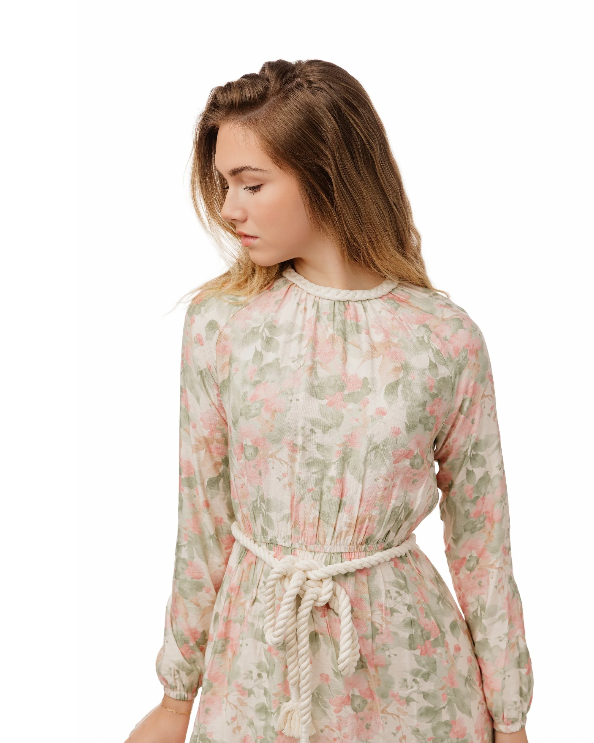 Braided Collar Detail Pink And Green Dress - Image 4