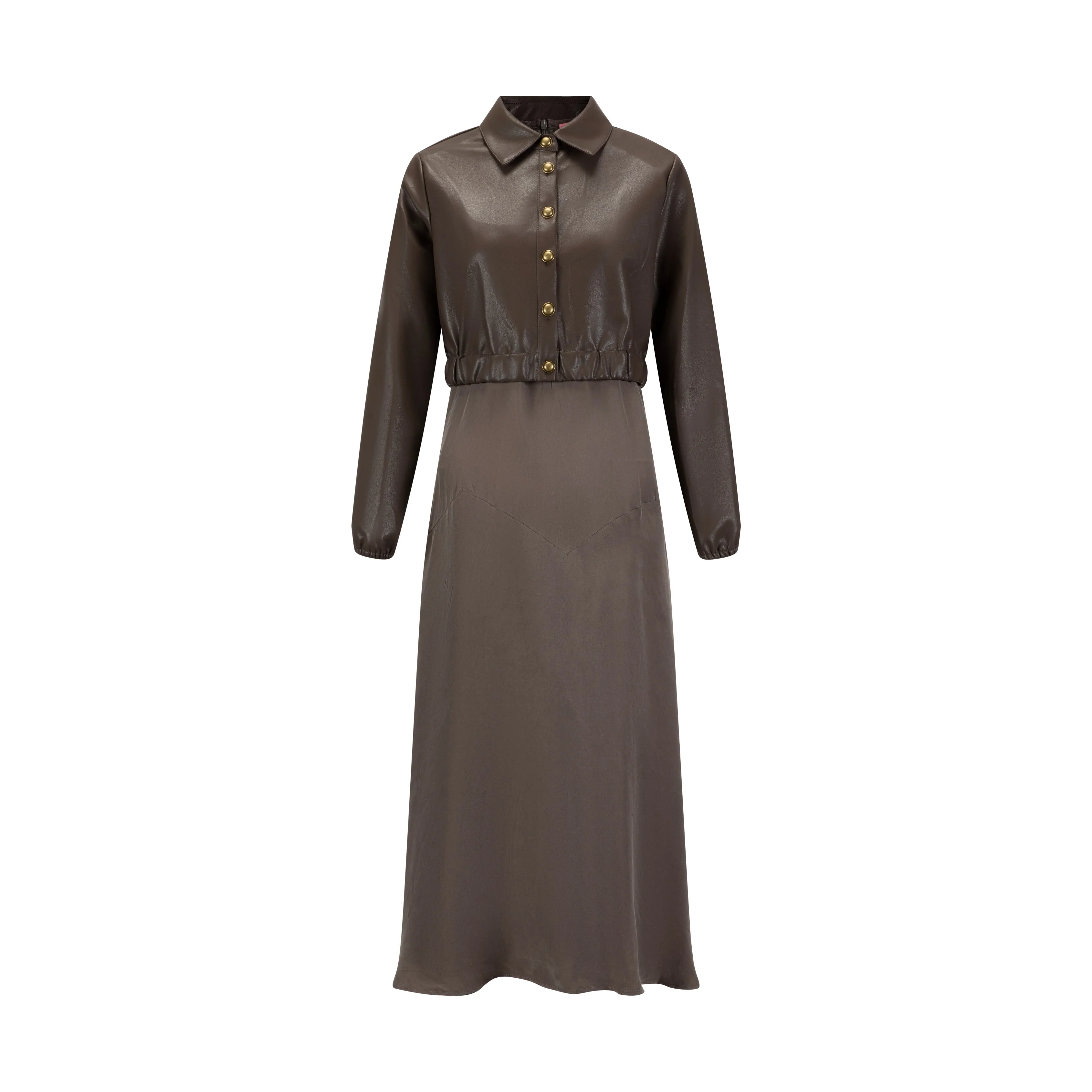 Brown Slip Dress With Leather Button Down Jacket - Image 2