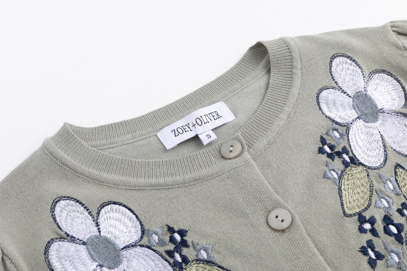 Cardigan With Floral Embroidery - Green - Image 4
