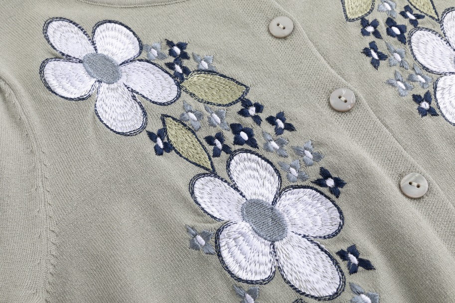 Cardigan With Floral Embroidery - Green - Image 6